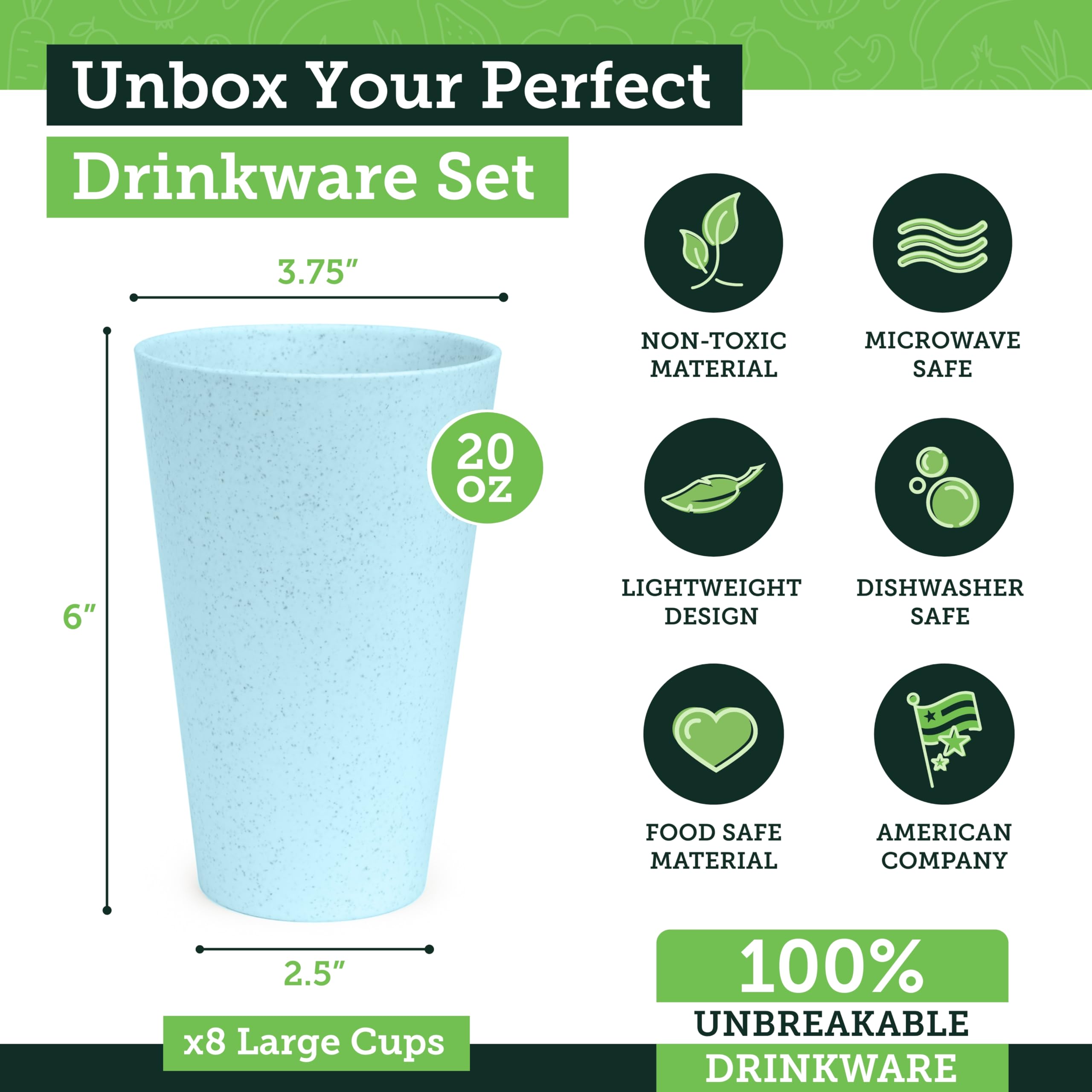 Grow Forward Premium Wheat Straw Cups - 13 & 20 oz Unbreakable BPA Free Hard Plastic Cups - Reusable Lightweight Plastic Drinking Glasses for Kitchen, Outdoor, Water, Camping, RV - Midnight