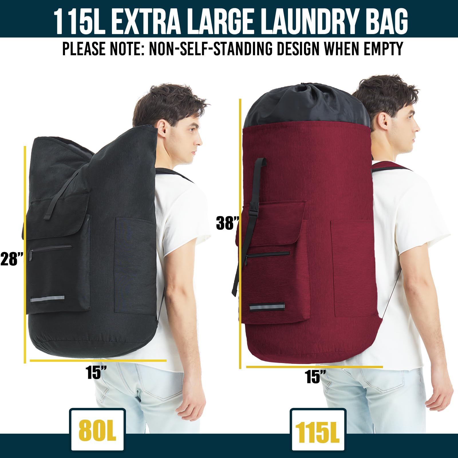 Laundry Bag Extra Large 115L, Laundry Backpack Bag, Laundry Bags Extra Large Heavy Duty, Laundry Bag with Straps, Clothes Hamper Bags with 4 Pockets, College Laundromat Backpack for Dorm Room
