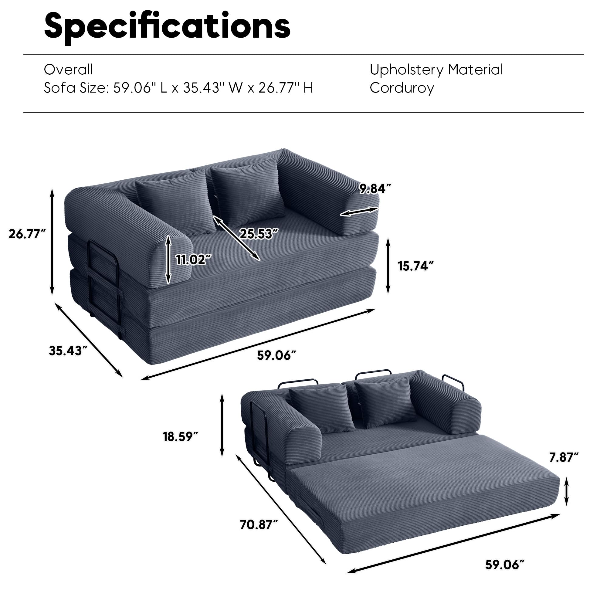 ZEIINPA 59“ Convertible Floor Sofa Bed, 5-in-1 Futon Sofa Bed Pull Out Sleeper Couch, Modern Corduroy Compressed Loveseat, Modular Boneless Couches for Living Room, No Assembly Required, Beige