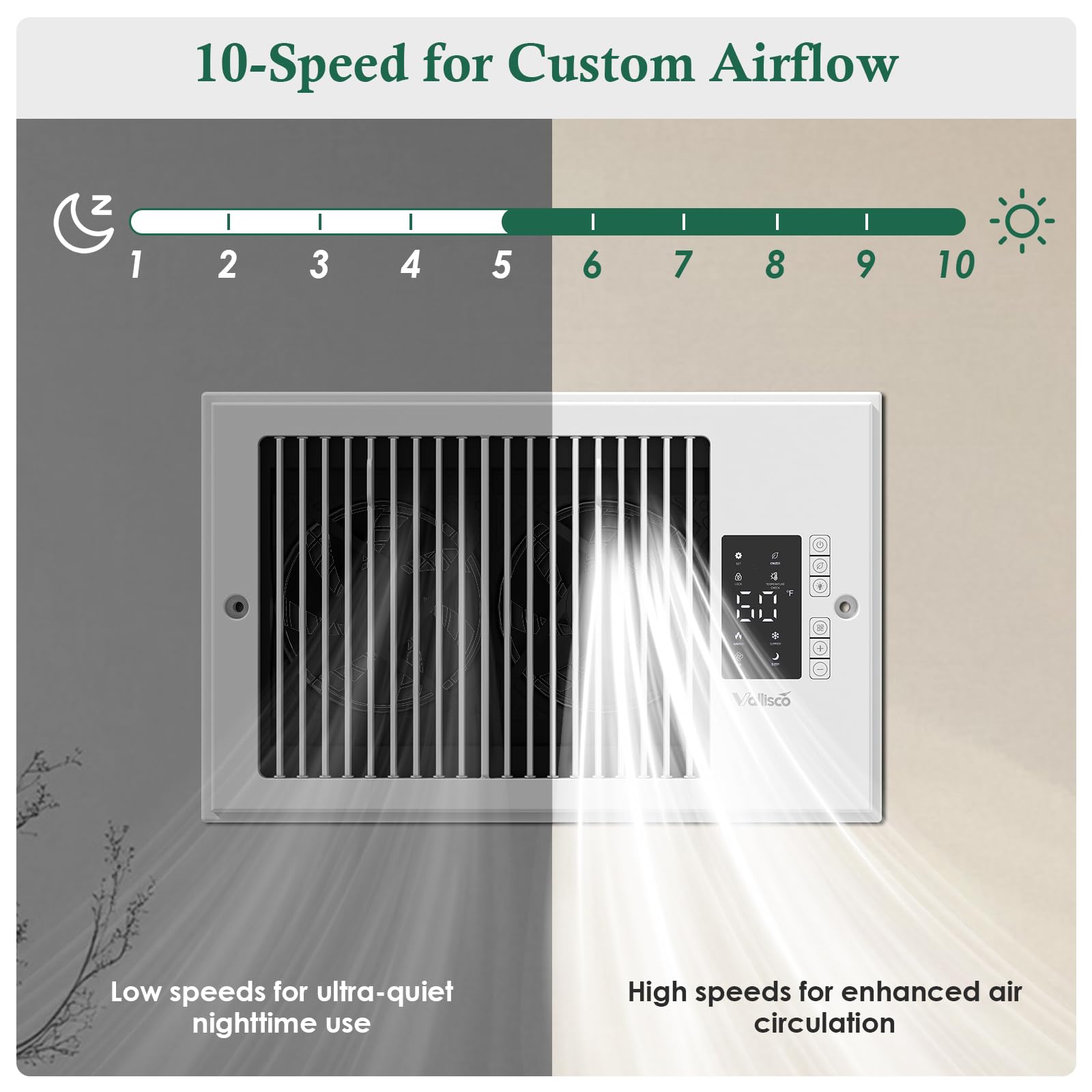 VallisCo Register Booster Fan 6" x 10" with Negative Ion, Manual Airflow Direction Control, Quiet 10-Speed Heating Cooling AC Vent Fan with Remote & Thermostat Control for Wall Floor, Bronze
