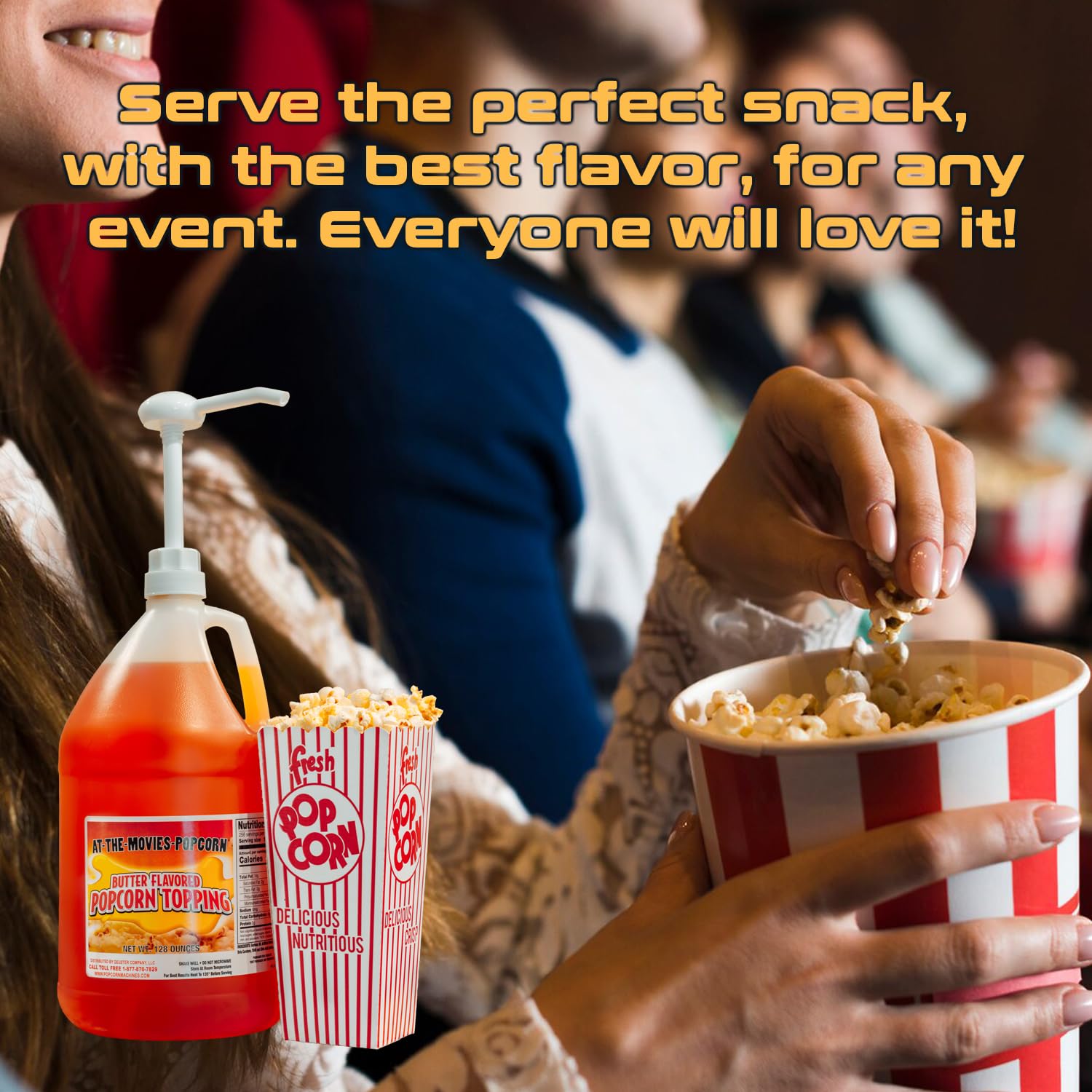 At-The-Movies-Popcorn® Buttery Flavor Popcorn Topping (1 Gallon Includes 1oz Displacemnt Plastic Pump) – Movie Theater Butter Popcorn Oil, Vegan, Gluten Free, Non GMO, Zero Trans Fat, Rich Buttery Taste for Home and Commercial Popcorn Machines