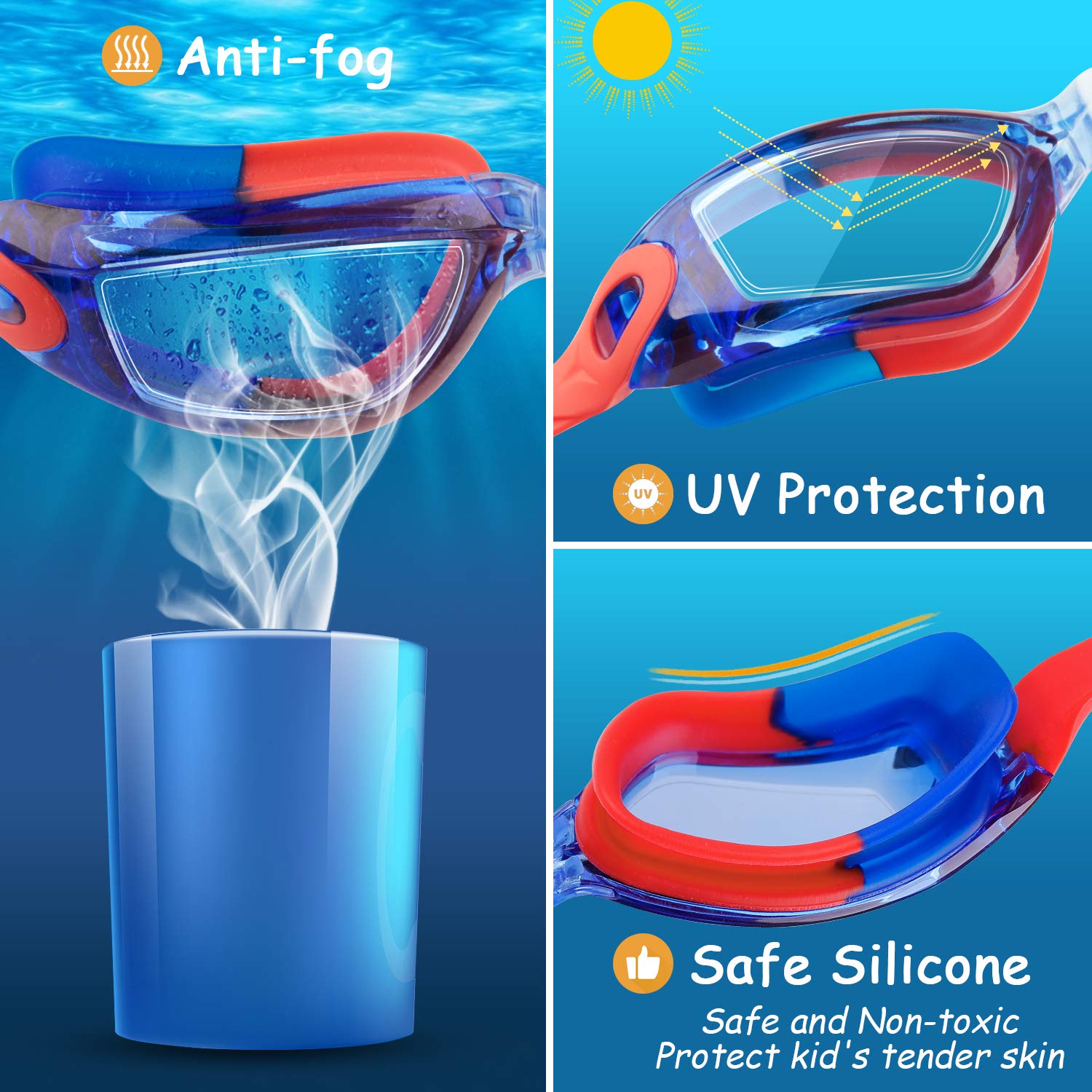 COOLOO Kids Swim Goggles, 2 Packs Swimming Goggles for Kids Girls Boys and Child Age 4-16