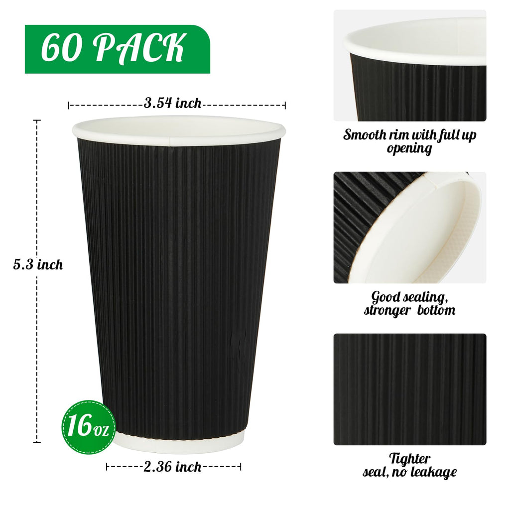 JollyPack 60 Pack 12 oz Paper Coffee Cups, Black Disposable Beverage Cups with Insulated Ripple Wall for Coffee, Tea, and Hot Chocolate