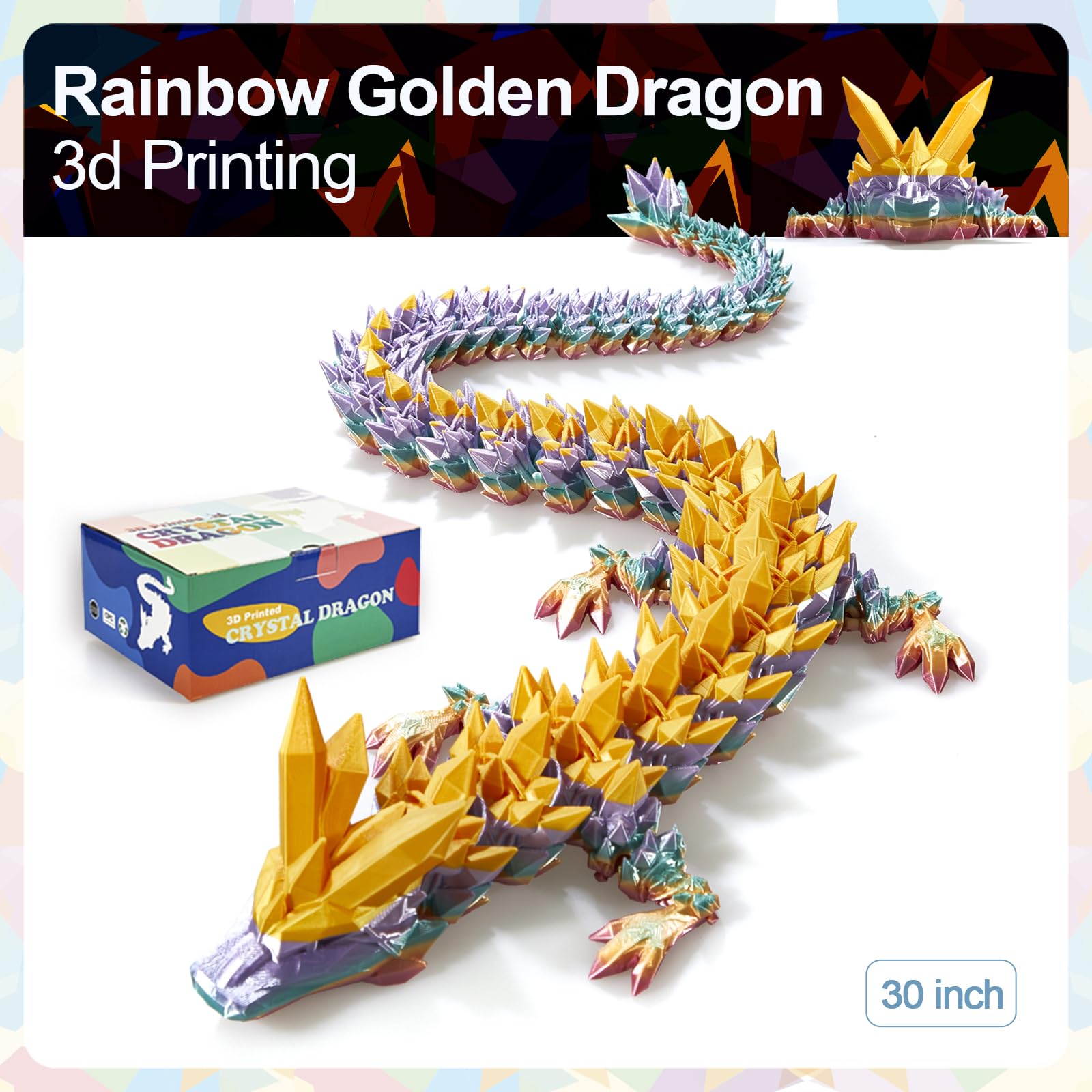 24" Large 3D Printed Dragon - Huge Articulated Crystal Dragon Fidget Toy, Giant Flexible 3D Dragon Figure, Birthday Gift for Boys Girls Kids & Collectors, Home Office Executive Desk Decor