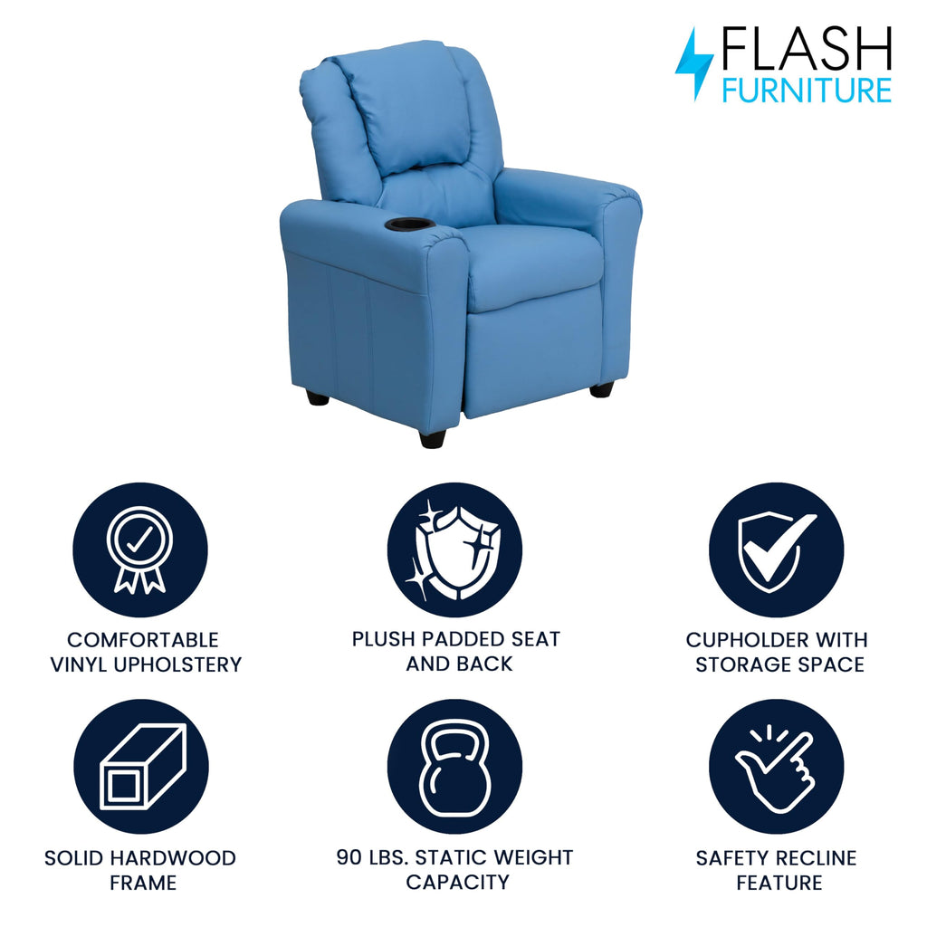 Flash Furniture Vana Vinyl Kids Recliner with Cup Holder, Headrest, and Safety Recline, Contemporary Reclining Chair for Kids, Supports up to 90 lbs., Beige