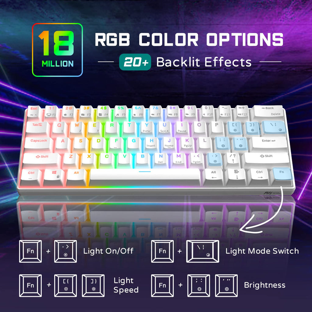 RK ROYAL KLUDGE RK61 Wired 60% Mechanical Gaming Keyboard Programmable QMK/VIA RGB Backlit 61 Keys Ultra-Compact Hot Swappable Brown Switch Black