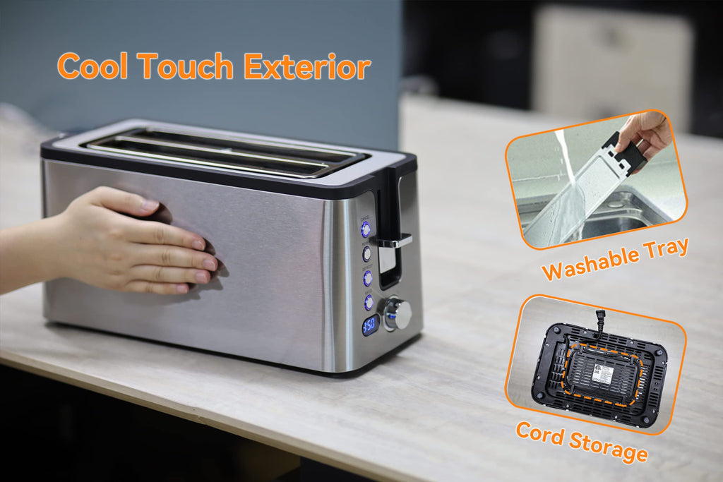 Mecity 4 Slice Toaster, Long Slot Toaster With Warming Rack, Timer, Bagel, Defrost, Reheat Functions, Crumb Tray, 6 Browning Settings, Extra Wide Long Slots, Stainless Steel, 1300W, Grey