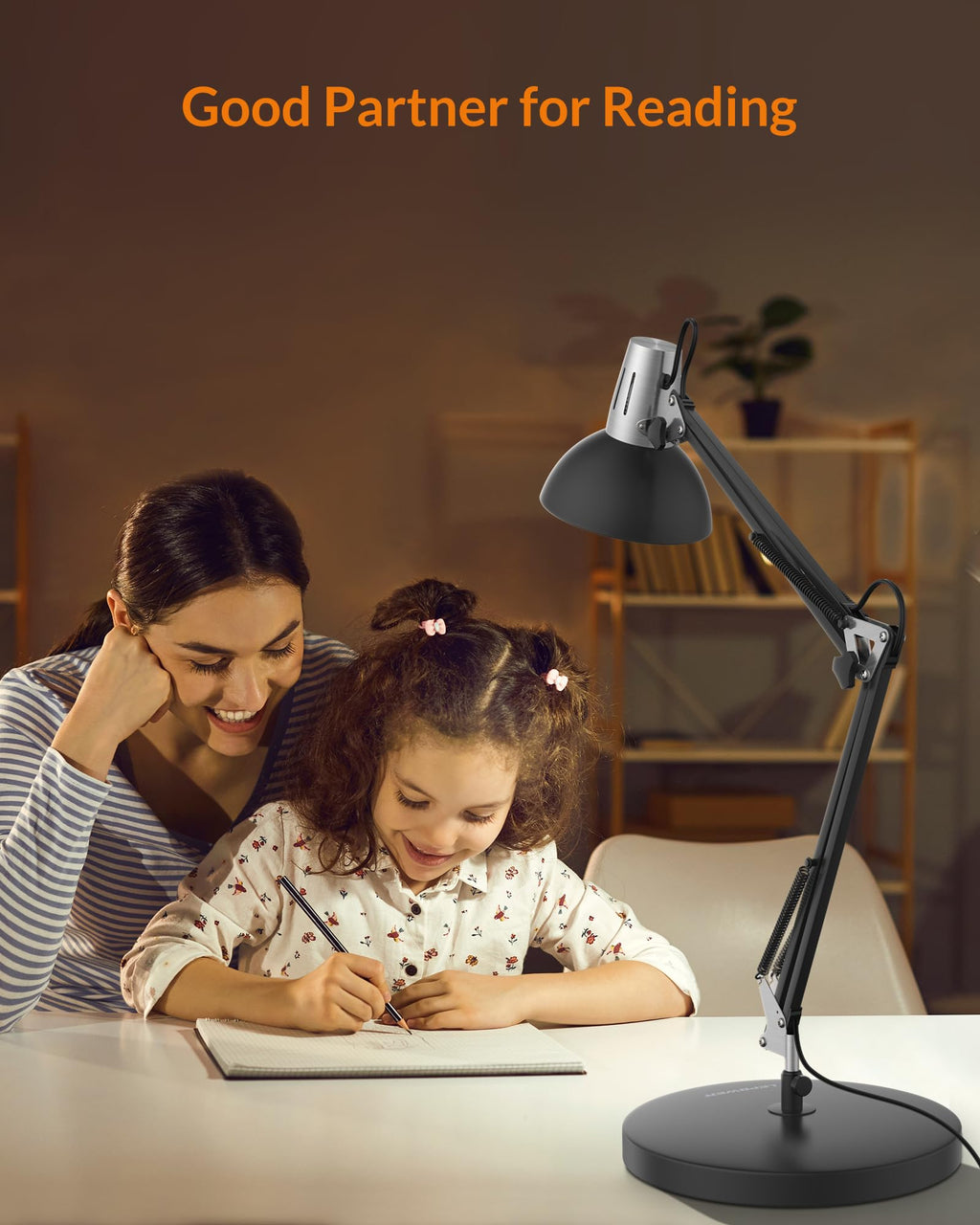 LEPOWER Metal Desk Lamp, Adjustable Goose Neck Architect Table Lamp with On/Off Switch, Swing Arm Desk Lamp with Clamp, Eye-Caring Reading Lamp for Bedroom, Study Room &Office (Sandy Black)