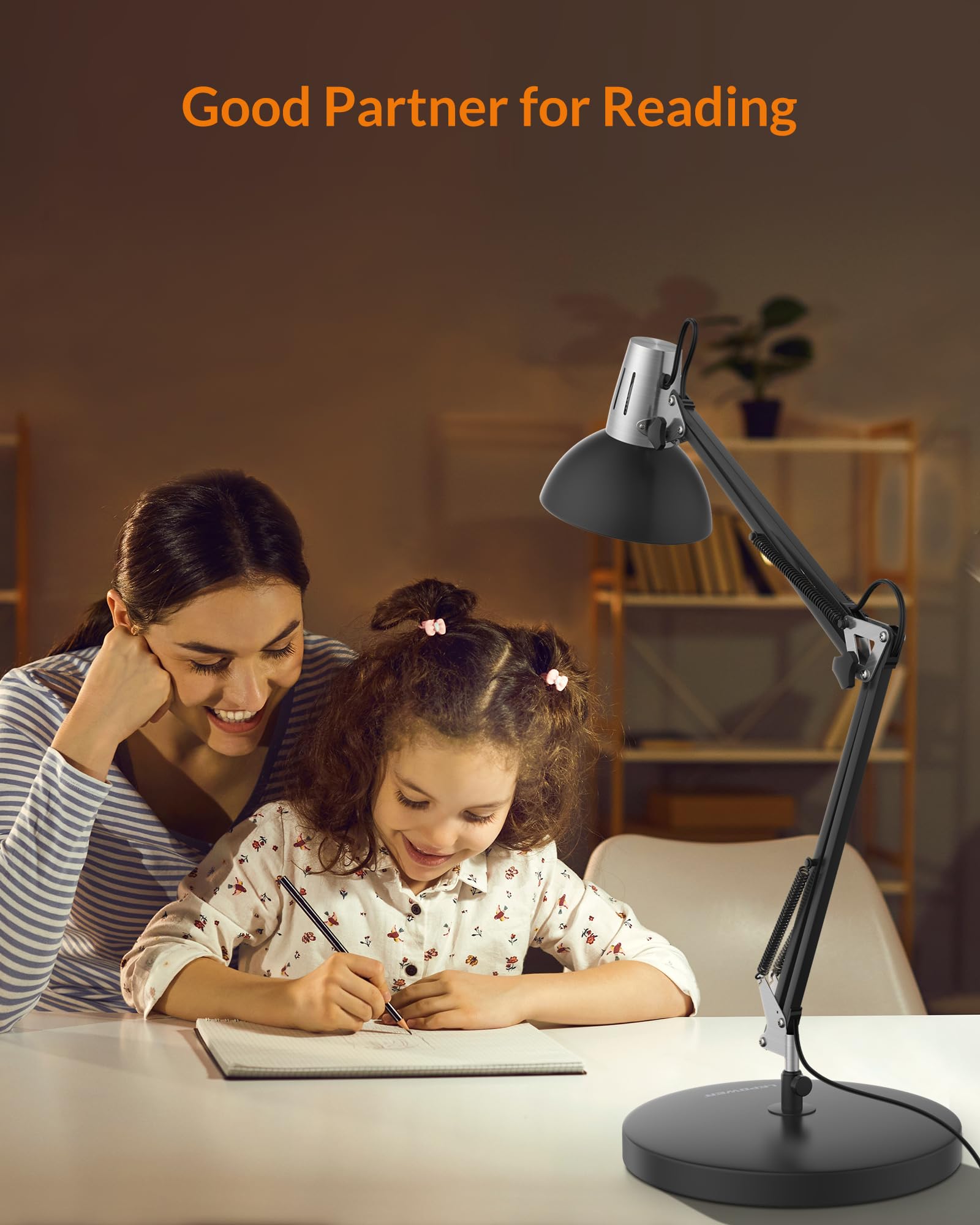 LEPOWER Metal Desk Lamp, Adjustable Goose Neck Architect Table Lamp with On/Off Switch, Swing Arm Desk Lamp with Clamp, Eye-Caring Reading Lamp for Bedroom, Study Room &Office (Sandy Black)