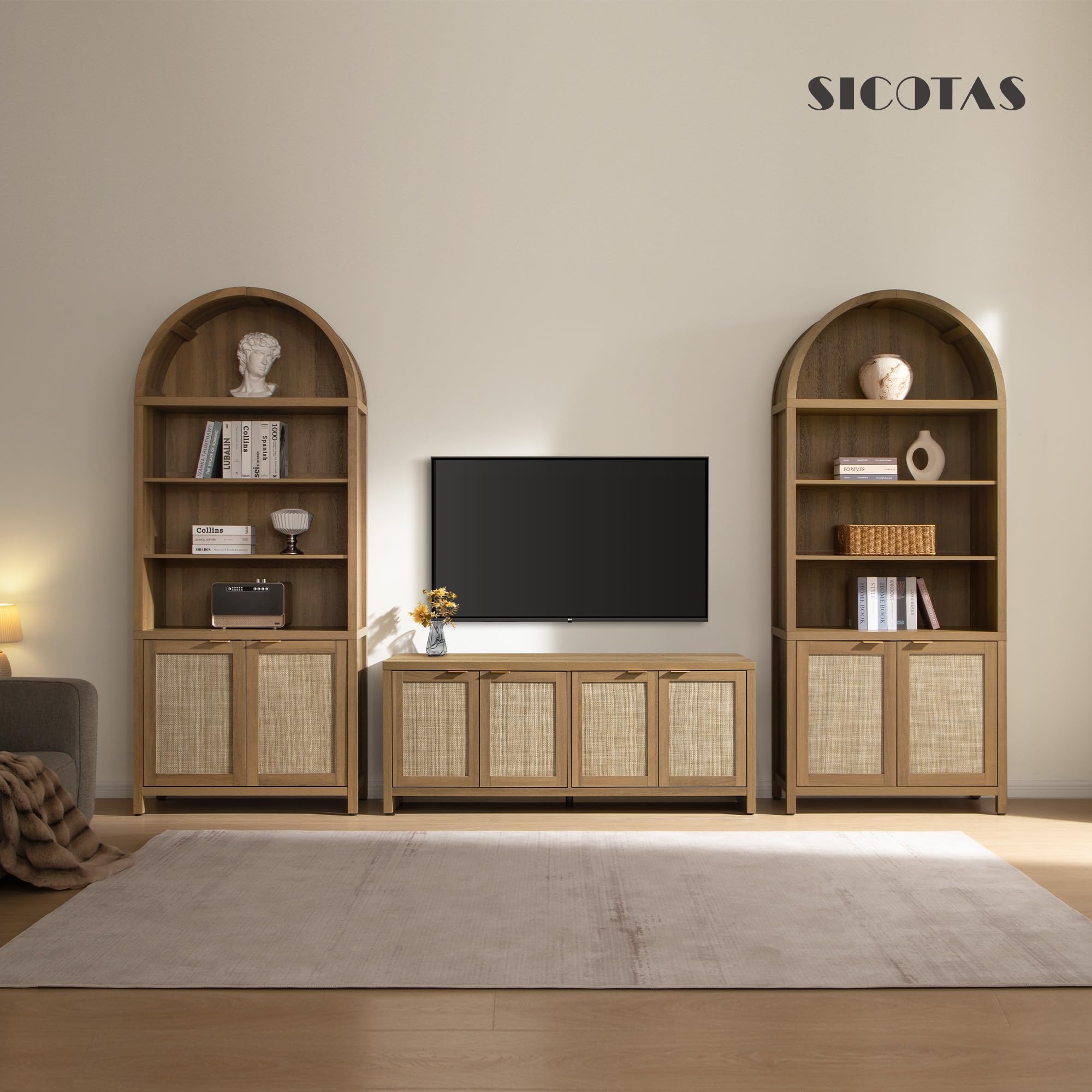 SICOTAS Book Shelf Arched Cabinet Bookshelf Arch 84.2" Tall Bookcase 5 Tier Large Bookshelves with Doors Storage Rattan Boho Wide Book Shelves Case for Living Room Kitchen Office Bedroom Library