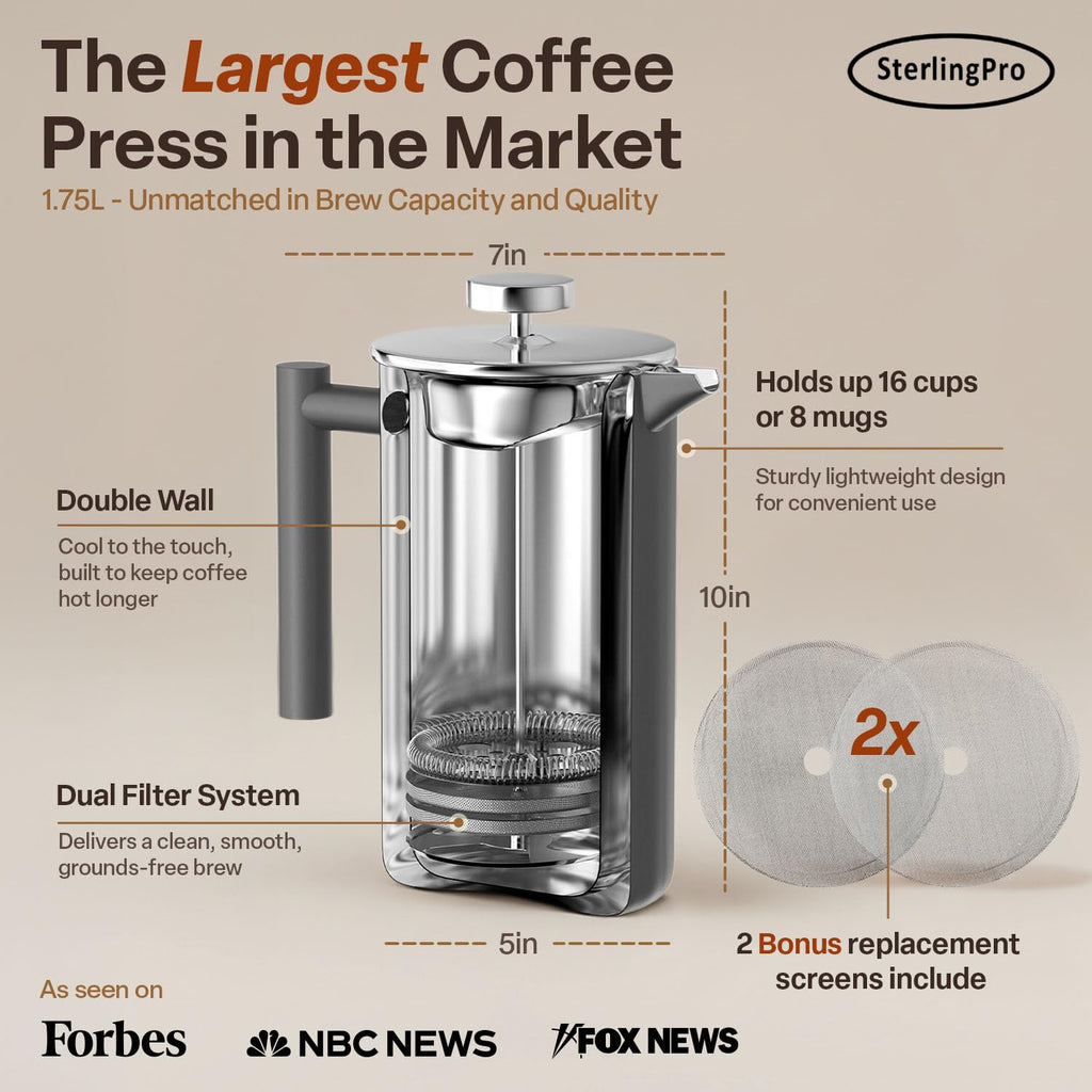 SterlingPro Stainless Steel French Press Coffee Maker 1 L (34 oz) Black – Double Walled Insulated Large Coffee Press, Durable Design Keeps Drinks Hot, Easy to Use and Clean for Rich Flavor Brewing