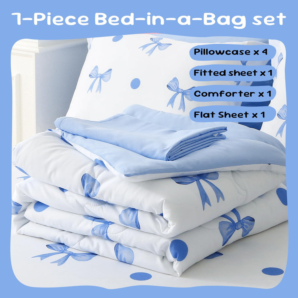 Wajade 7 Piece Blue Bow Comforter Set for Girls Kids Twin Size Bedding Set with Sheet and 2 Pillowcases 2 Pillow Shams Cute Girls Bed in a Bag as Birthday Choice