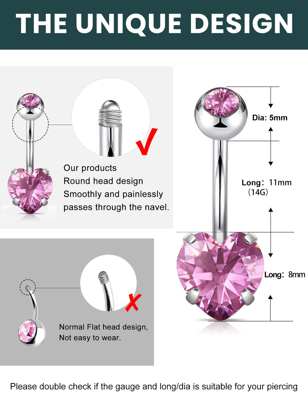 Wssxc 14G Hypoallergenic Surgical Steel Belly Button Ring Cubic Zirconia Belly Button Barbs Body Piercing Set 7Pcs