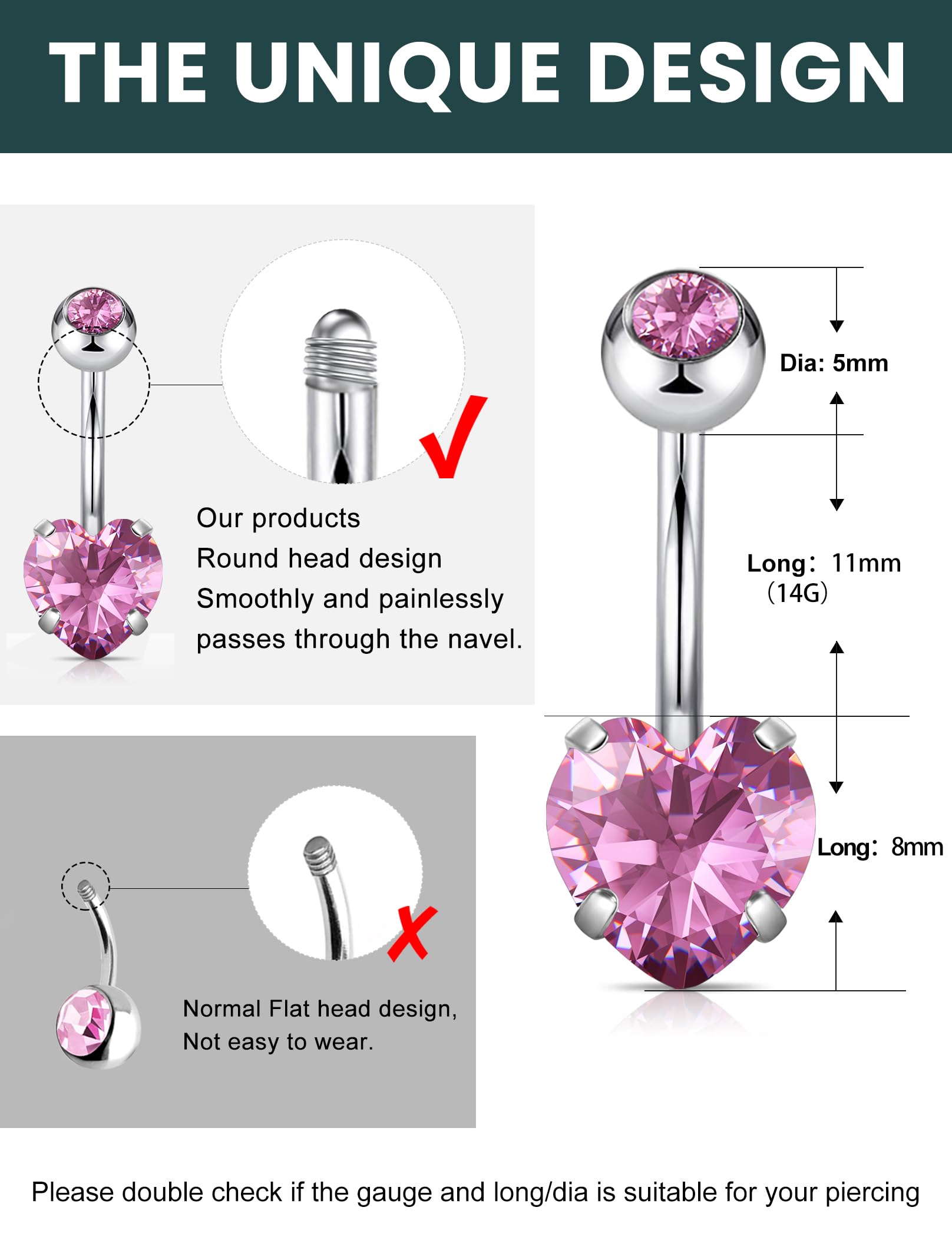 Wssxc 14G Hypoallergenic Surgical Steel Belly Button Ring Cubic Zirconia Belly Button Barbs Body Piercing Set 7Pcs