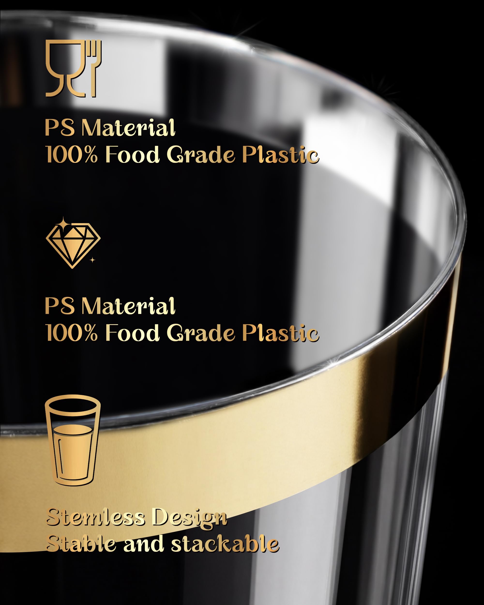 Nervure 120PCS Gold Plastic Cups - 10Oz Gold Rim Plastic Cups - Heavy Duty Disposable Cups - Clear Cup with Gold Rim for Weddings, Birthdays, Gatherings and Party