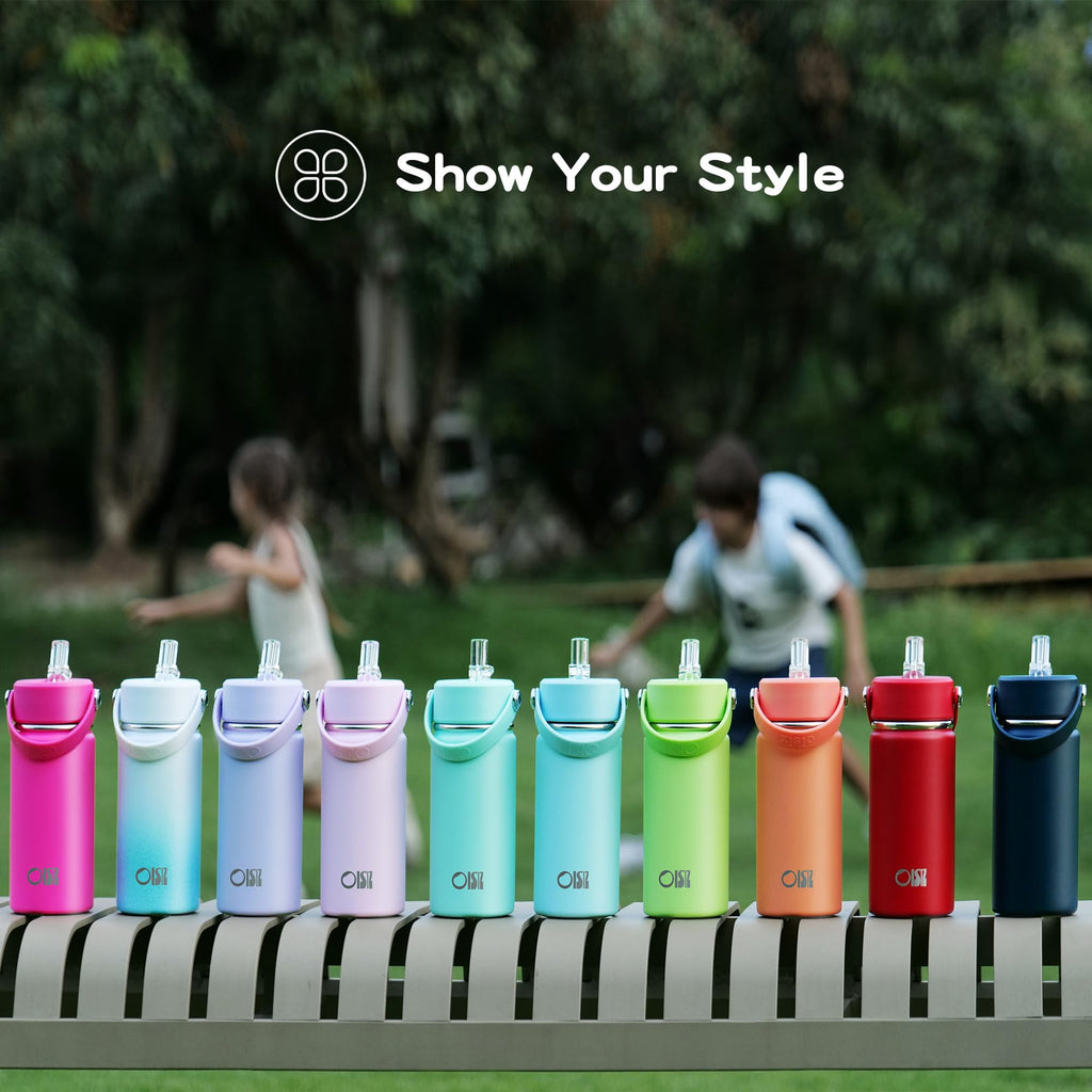 OISIZ Kids Water Bottle with Straw Lid 14oz, Vacuum Insulated 316 Stainless Steel Water Bottles for Kids for School, Leakproof Water Bottle, BPA Free and Keep Cold for 24 Hours