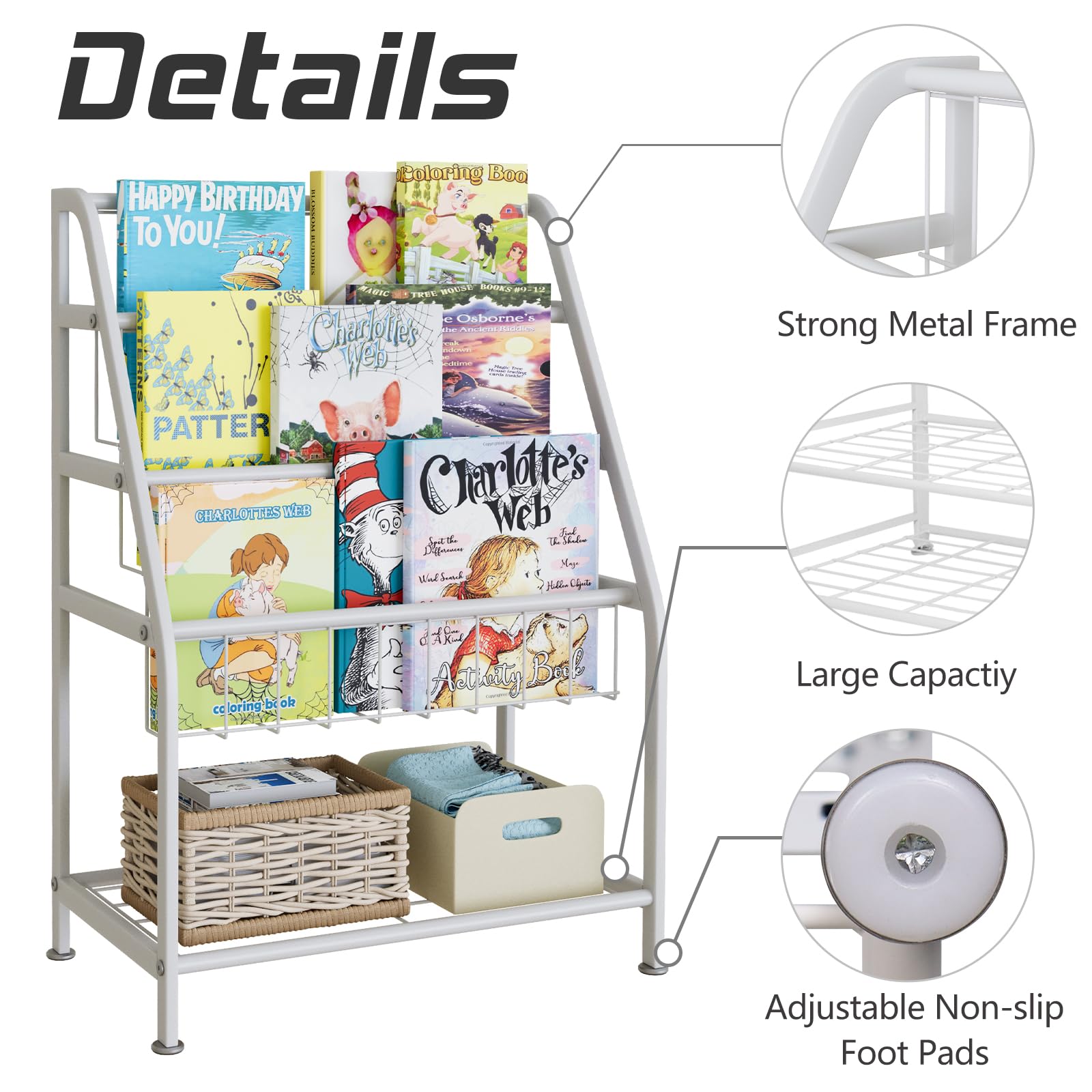 aboxoo Metal Kids Bookshelf Black Large Freestanding for Children Room 32 in Toy Organizer Large Stable Bookcase Bookstore Library Book Unit Storage Kids Bed Living Room