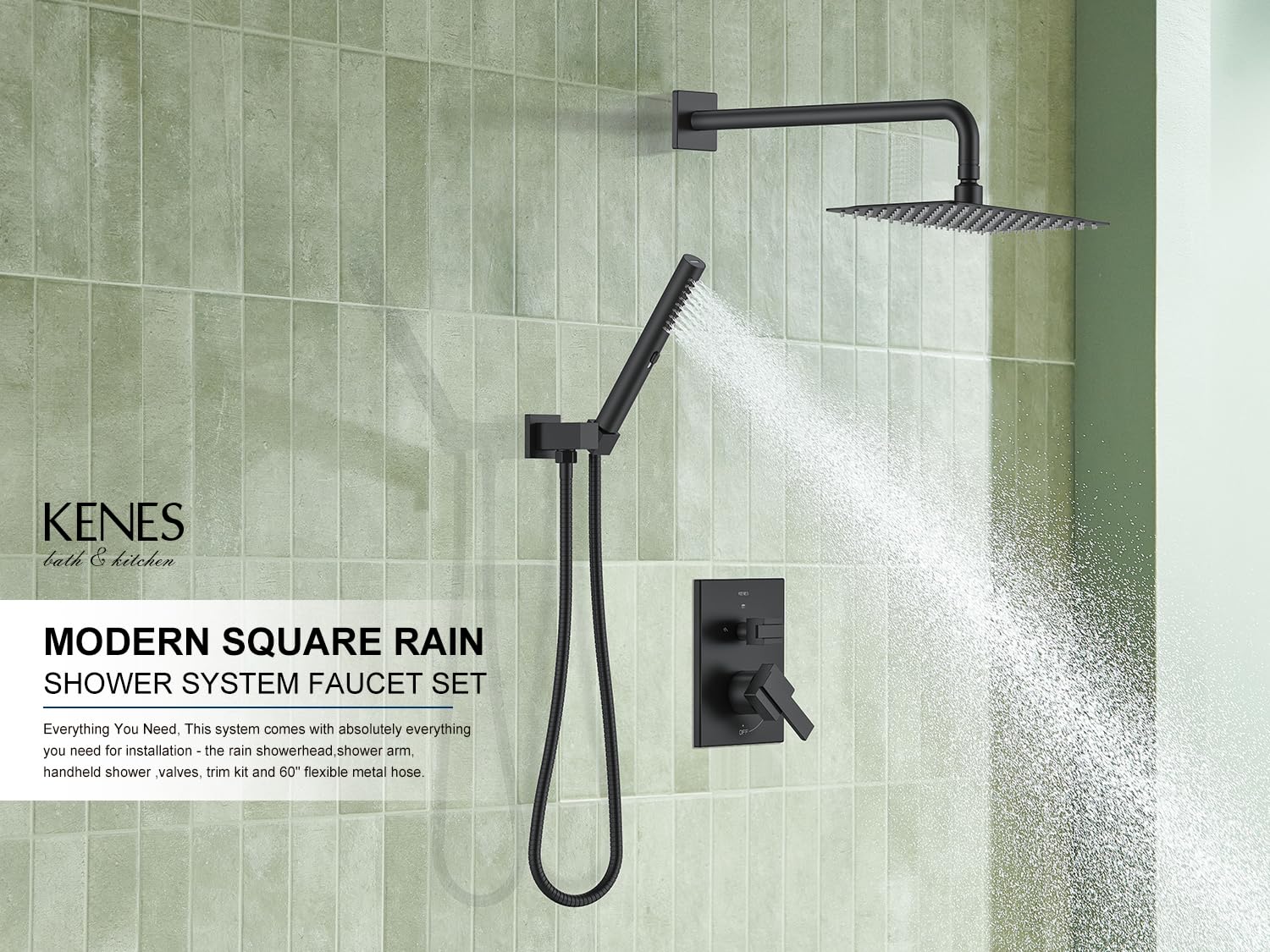 KENES Brushed Nickel 10-Inch Shower Head and Handle Set, Square Shower Faucet Set Bathroom Rainfall Shower System Wall Mount, KE-6024B (Shower Valve Included)