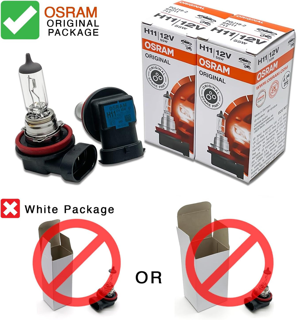 OSRAM H11 OEM Original Standard Halogen Headlight Bulbs 12V 55W 64211L+ (Long Life) Made in Germany | Pack of 2