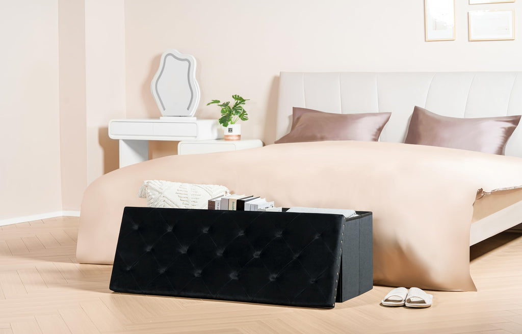 PINPLUS Folding Storage Ottoman Bench, Folding Velvet Tuffed Foot Rest Stool with Rivet, End of Bed Bench Large Long Shoes Chest for Bedroom Entryway Living Room, Beige, 41.3 Inches