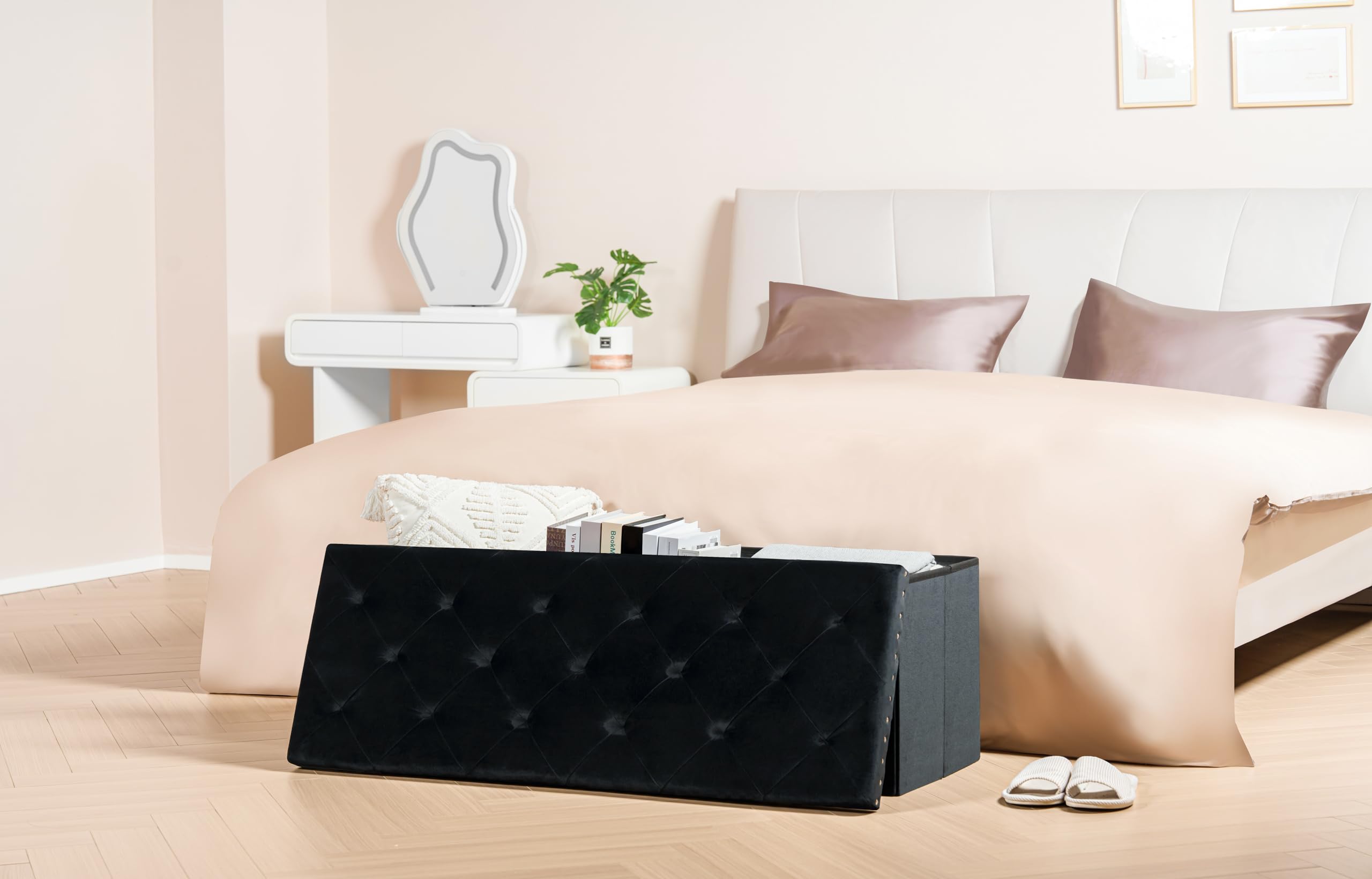 PINPLUS Folding Storage Ottoman Bench, Folding Velvet Tuffed Foot Rest Stool with Rivet, End of Bed Bench Large Long Shoes Chest for Bedroom Entryway Living Room, Beige, 41.3 Inches