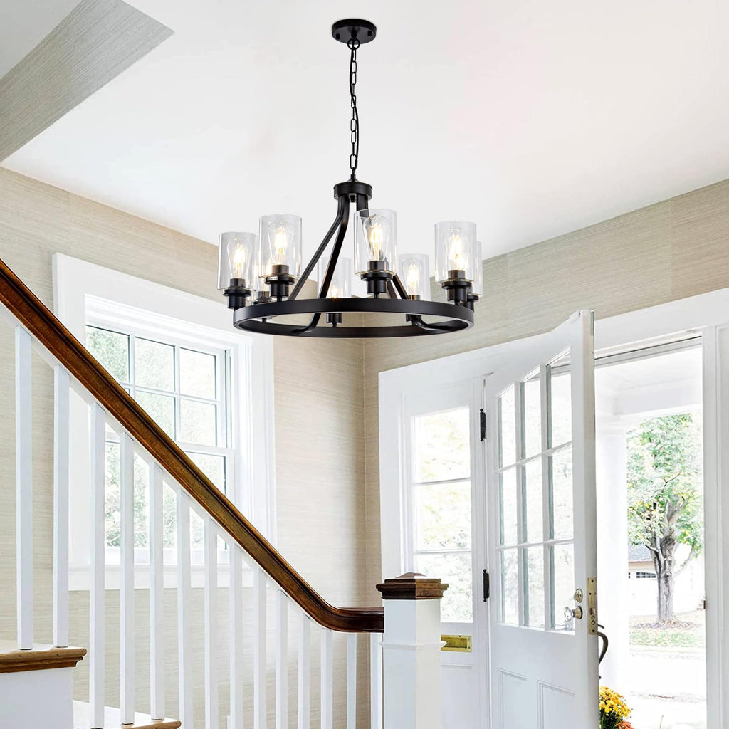 Lanhall 6-Light Modern Dining Room Light Fixture Brushed Nickel Kitchen Chandelier Ceiling Hanging Pendant Lighting with Glass Shade for Living Room Bedroom Entryway Adjustable Height Metal E26