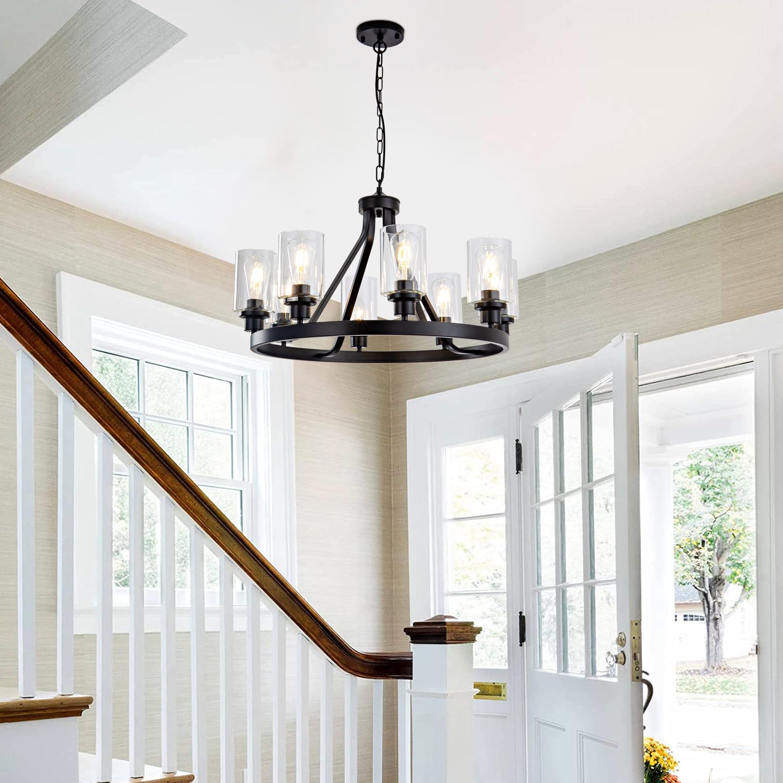 Lanhall 6-Light Modern Dining Room Light Fixture Brushed Nickel Kitchen Chandelier Ceiling Hanging Pendant Lighting with Glass Shade for Living Room Bedroom Entryway Adjustable Height Metal E26