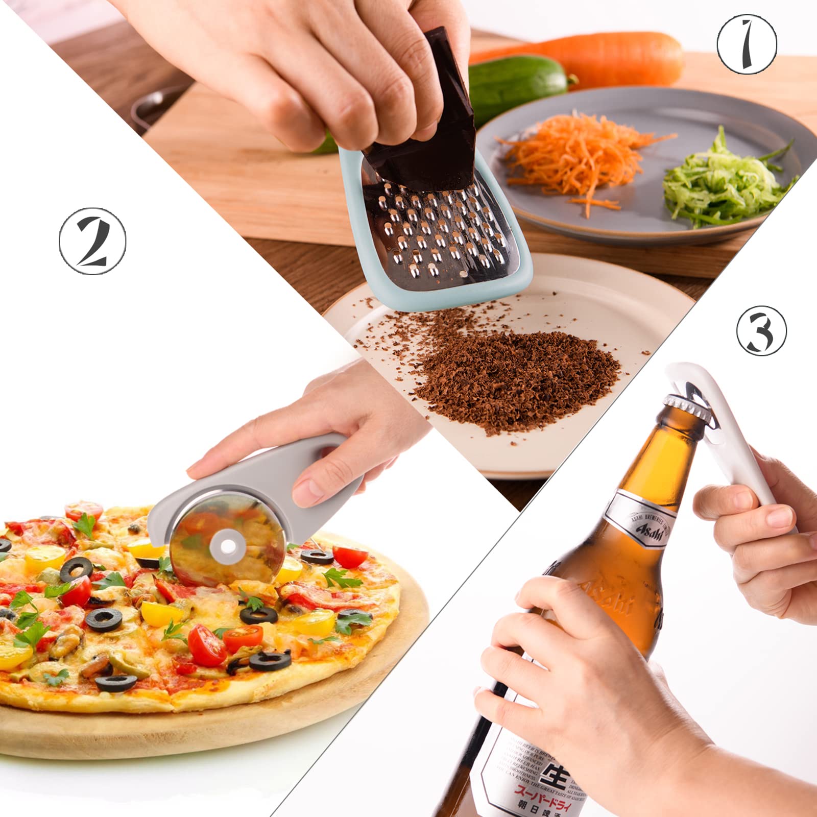 5 Pieces Kitchen Gadgets Set - Space Saving Cooking Tools Accessories Cheese Chocolate Grater, Fruit Vegetable Peeler, Bottle Opener, Pizza Cutter, Burlap Bags with Drawstring Gift Set