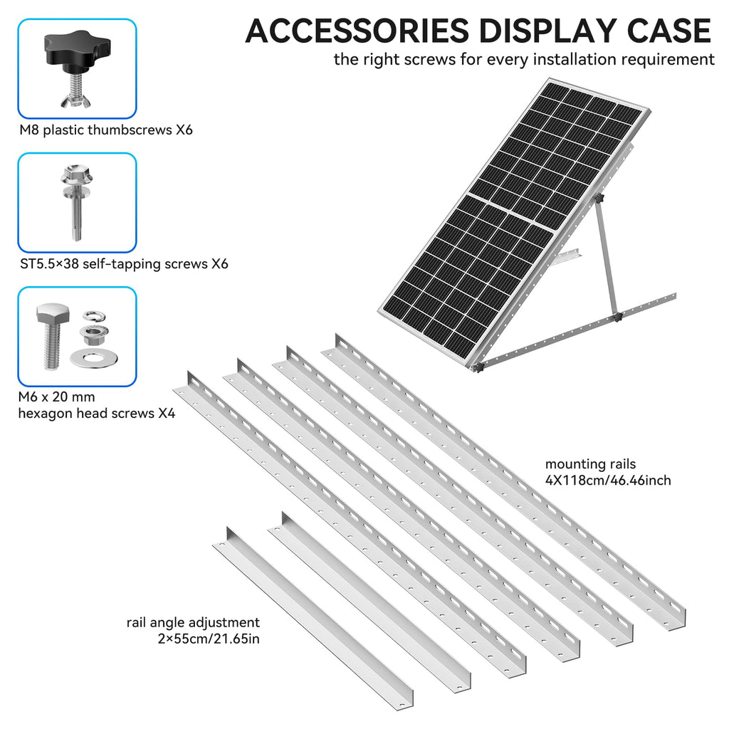 Upgraded 47in Adjustable Solar Panel Tilt Mount Brackets, Foldable Tilt Legs, Support 100 200 300 400 500 Watt Solar Panels 4-8Pcs, Solar Panel Stand for Roof, Off-Grid, RV and Boat