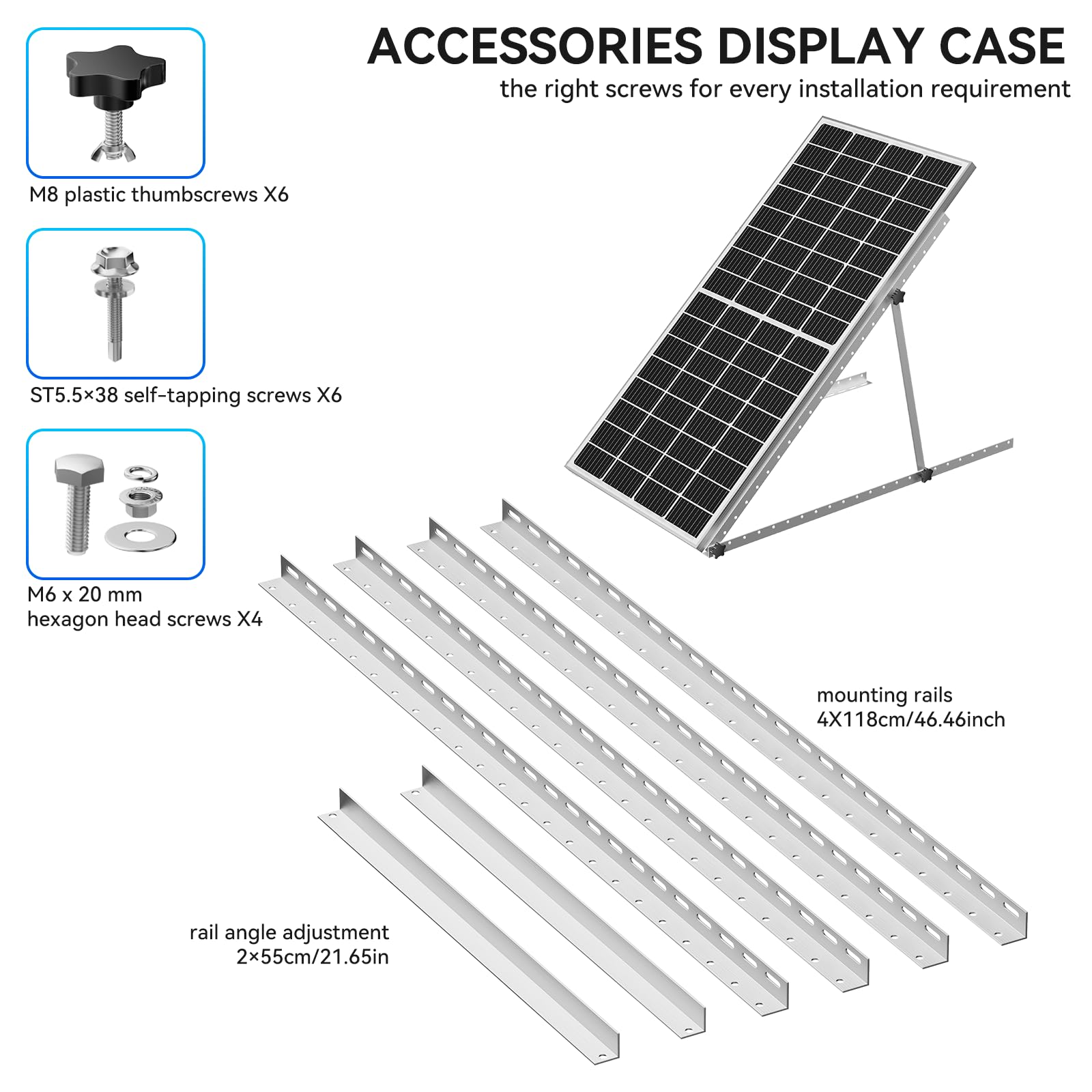 Upgraded 47in Adjustable Solar Panel Tilt Mount Brackets, Foldable Tilt Legs, Support 100 200 300 400 500 Watt Solar Panels 4-8Pcs, Solar Panel Stand for Roof, Off-Grid, RV and Boat