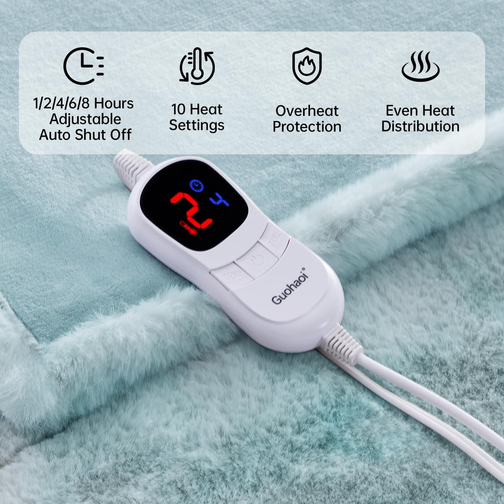 Guohaoi Heated Blanket Electric Throw, Soft Faux Rabbit Fur Electric Blanket with 10 Heating Levels 5 Sitting Timer Auto Off, Cozy Warm Heating Blankets, Machine Washable(50"×60" Beige)