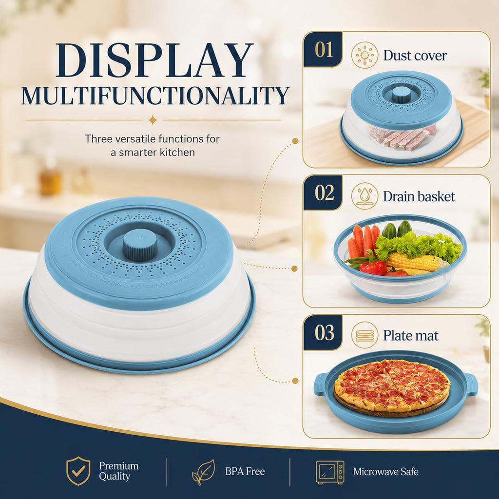 Microwave Splatter Cover for Food with Anti-scald Base Plate,Large Plastic & Silicone Vented Avoid Scalding Collapsible Guard Lid, Plate Holder & Kitchen Colander for Meal Prep-10.7 Inch (2 Pcs BRed)
