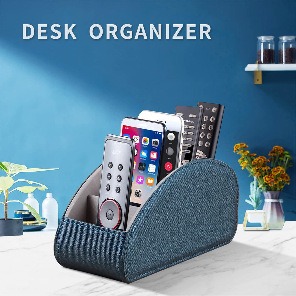 YAPISHI All-in-One Leather Brown TV Remote Holder with 5 Compartments Nightstand Desktop Media Player Remote Caddy Storage Box Organizer Tray for Mobile Office Phone Controller