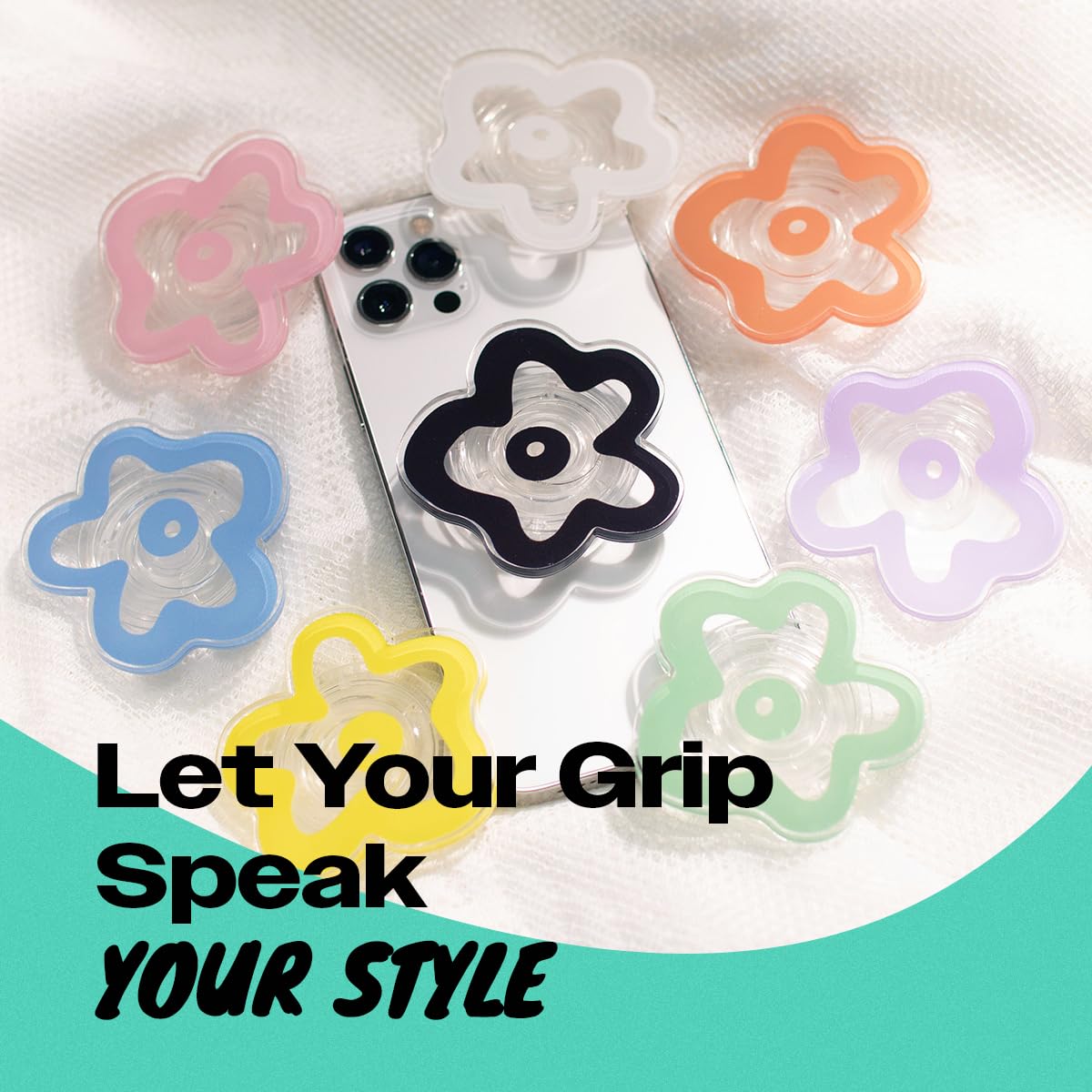 OnTheGrip Cute Transparent Daisy Flower Shape Design Mobile Phone Grip Multi Functional Collapsible Stand Holder for Smartphone Tablet Cell Phone Accessory (Black)