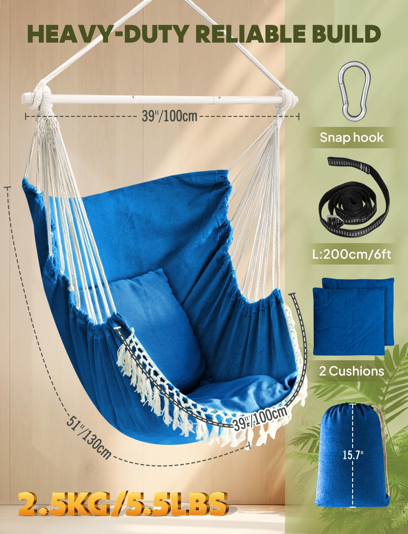 Chihee Hammock Chair Hanging Swing Max 500 Lbs 2 Cushions Included Metal Spreader Bar with Anti-Slip Grooves Portable Hanging Chair Side Pocket Large Macrame Bohemian Chair Indoor Outdoor | Hanging Swing with Anti-Slip Grooves Portable Hanging Chair Side