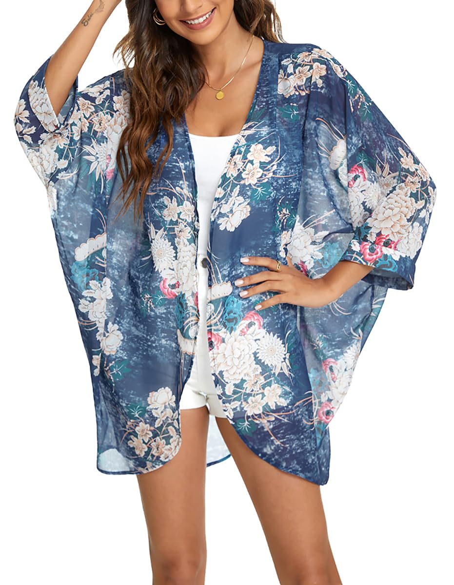 olrain Women's Floral Print Sheer Chiffon 3/4 Bat Sleeve Casual Loose Kimono Cardigan Capes