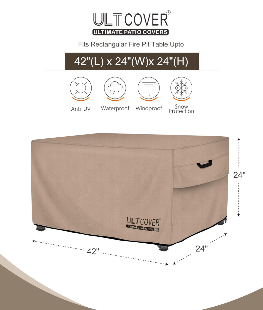 ULTCOVER Rectangular Gas Fire Pit Table Cover 42x24 inch Waterproof Heavy Duty Firepit Cover, Black