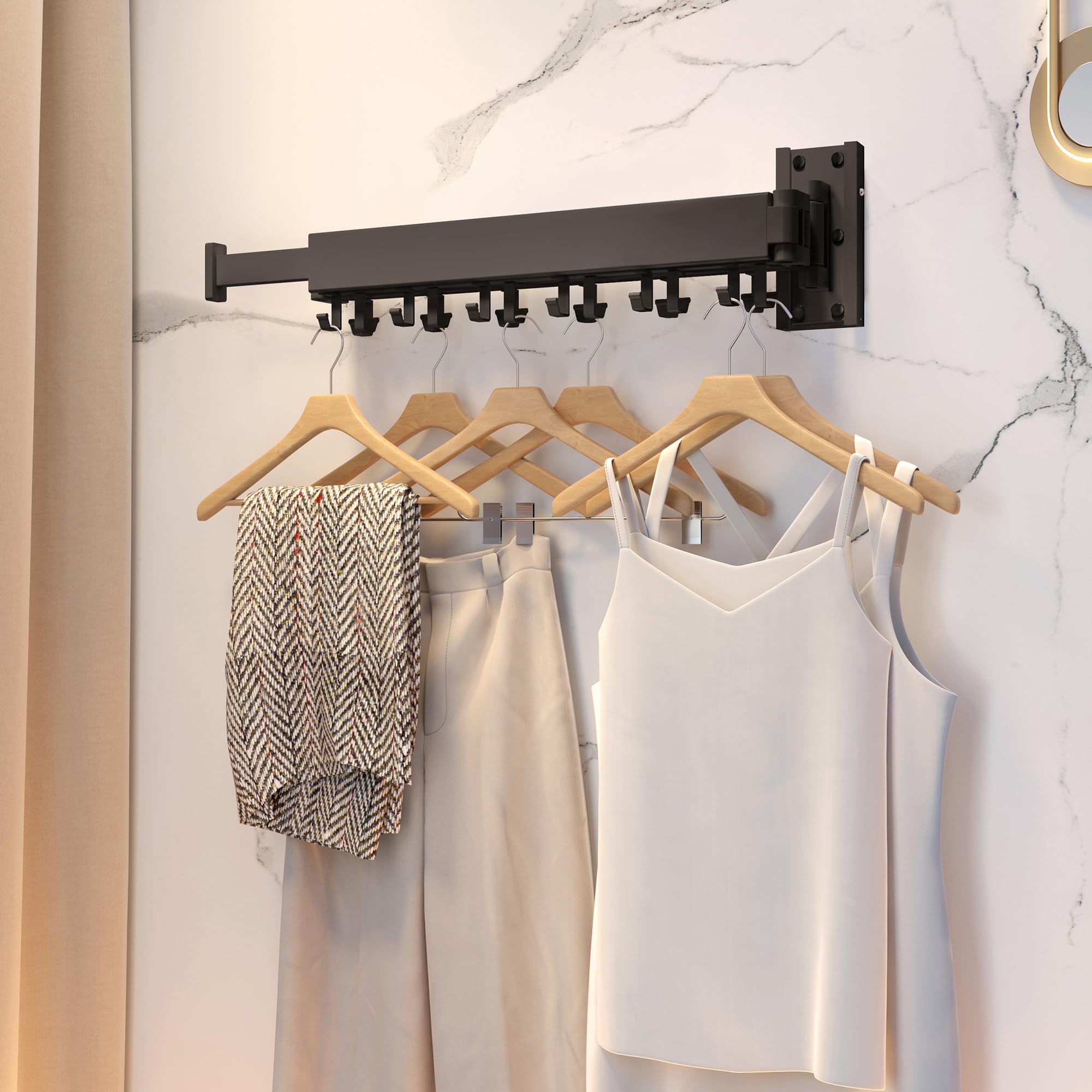 HEILAIYI Clothes Drying Rack for Laundry,Wall Mounted Clothes Hanger Rack,Folding,Retractable,Collapsible(J Shape Hooks)