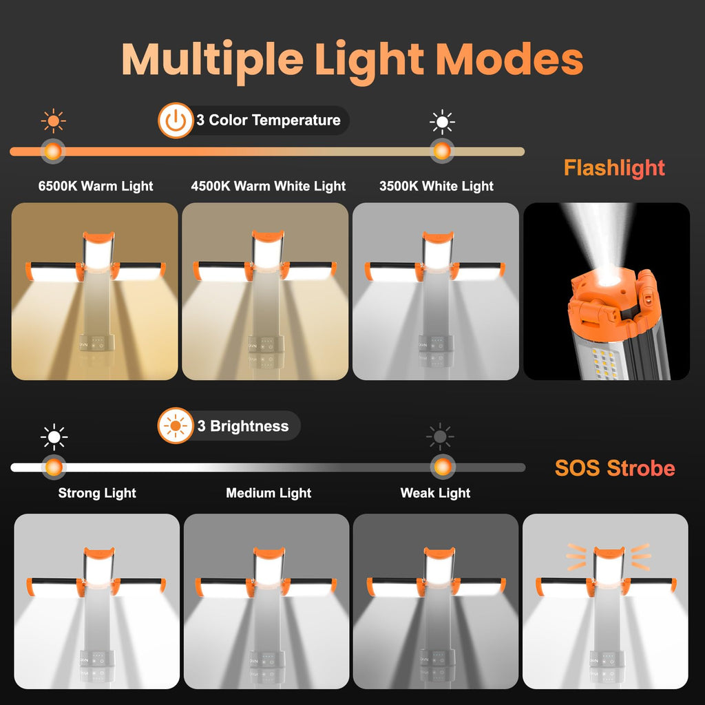 CAVN Rechargeable Camping Lights with Stand 6.0 ft Max Height, Portable Cordless LED Work Light 2200 Lumens 6500/4500/3500K Dimmable Camping Essentials Gear with Detachable Tripod, Black