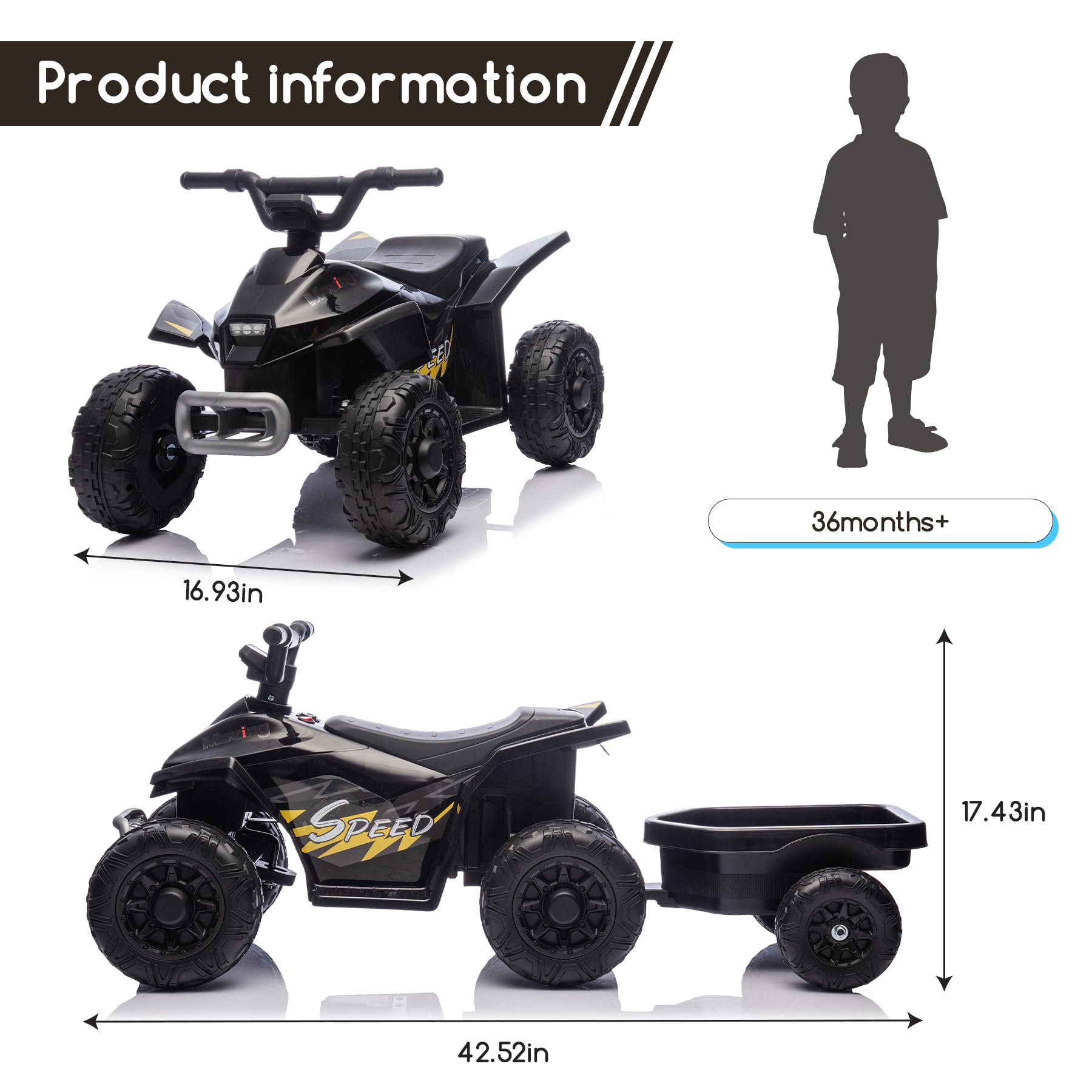 Kids Ride on ATV, 6V Battery Powered Kids Electric Vehicle, 4 Wheeler Quad w/Headlights, MP3, USB, Volume Control, Large Seat, Electric Ride on Toys Best Gifts for 18-36 Months Boys Girls (Black)
