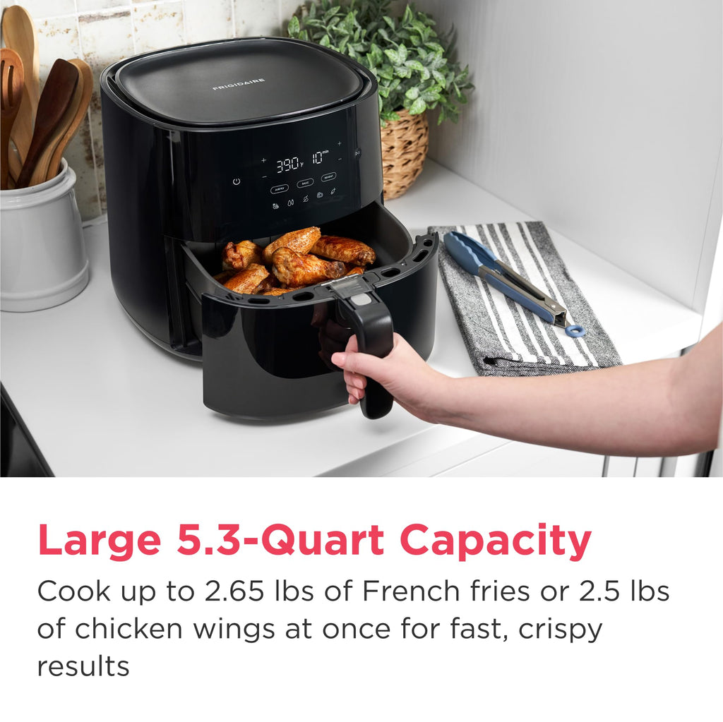 Frigidaire 3-in-1 Air Fryer, Large 5.3 QT Capacity, Digital Display, 3 Cooking Modes, 5 Recipe Presets, Automatic Shake Reminder, PFAS-Free Cooking Surfaces, Black