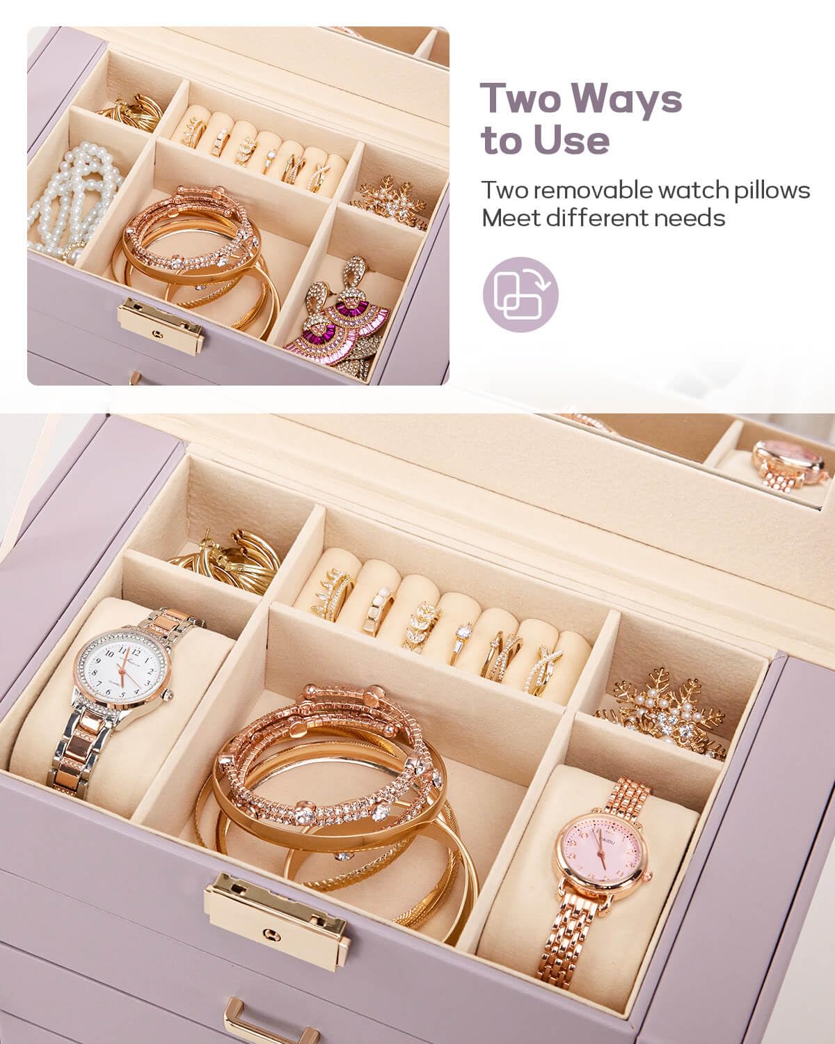 Homde Mothers Day Gifts Synthetic Leather Huge Jewelry Box Mirrored Watch Organizer Necklace Ring Earring Storage Lockable Gift Case (Black + Gold)