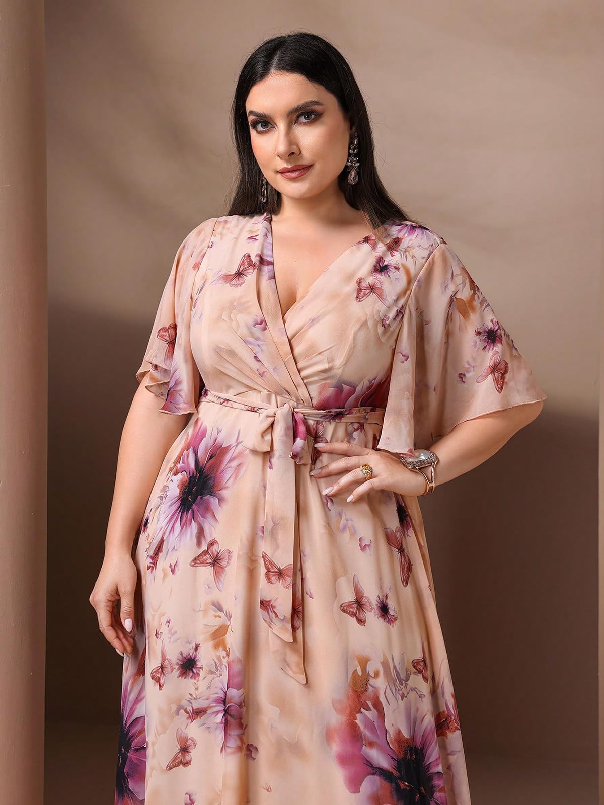 Spring Summer 2024 Plus Size Womens Dresses V Neck Casual Elegant Long Sleeve Floral Print Maxi Dress