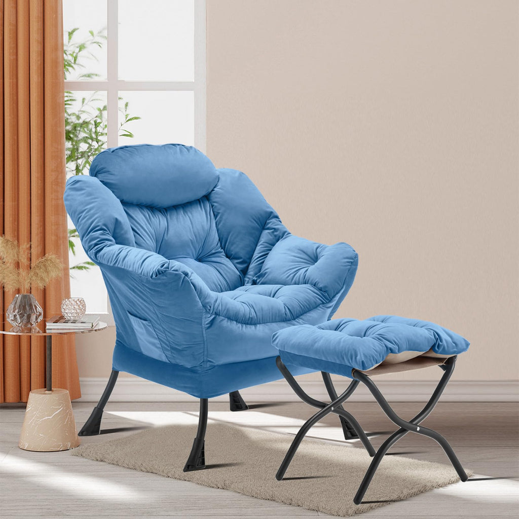 Youtanic Lazy Chair with Folding Ottoman, Accent Chair Velvet Upholstered with Metal Structure and Non-Slip Pads, Sofa Armchair with Footrest and Side Storage Bag for Dorm, Room, Office, Beige