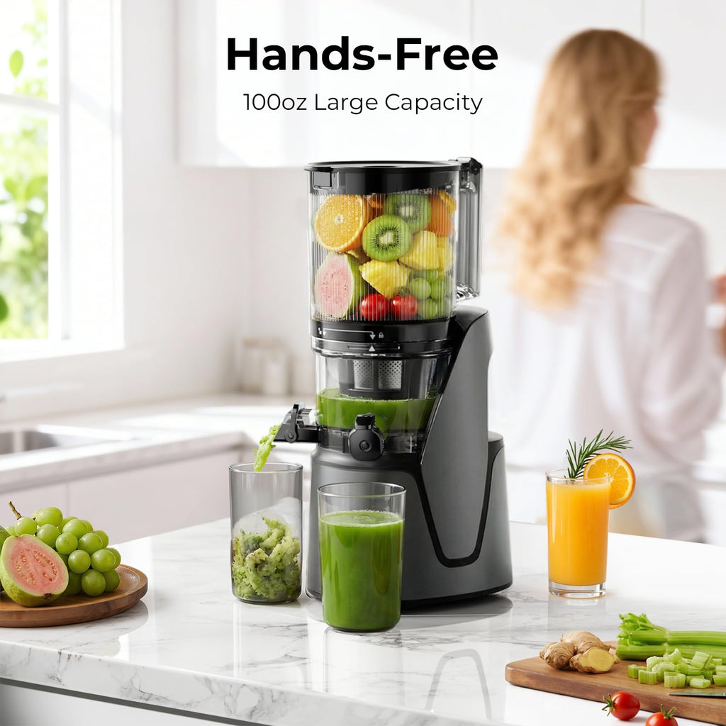 EanOruus Juicer Machines, 3-in-1 Cold Press Juicer with 6.5" Extra Large Chute, 100oz Large Capacity, AC Motor, Makes Juice, Nut Milk & Sorbet, Bright White