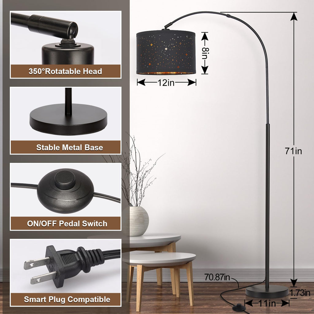 Rattan Floor Lamp, Arc Floor Lamps for Living Room, Farmhouse Standing Lamp with Adjustable Hanging Fabric Shade, Tall Pole Lamp with Foot Switch, Over Couch Arched Reading Light for Bedroom, Office
