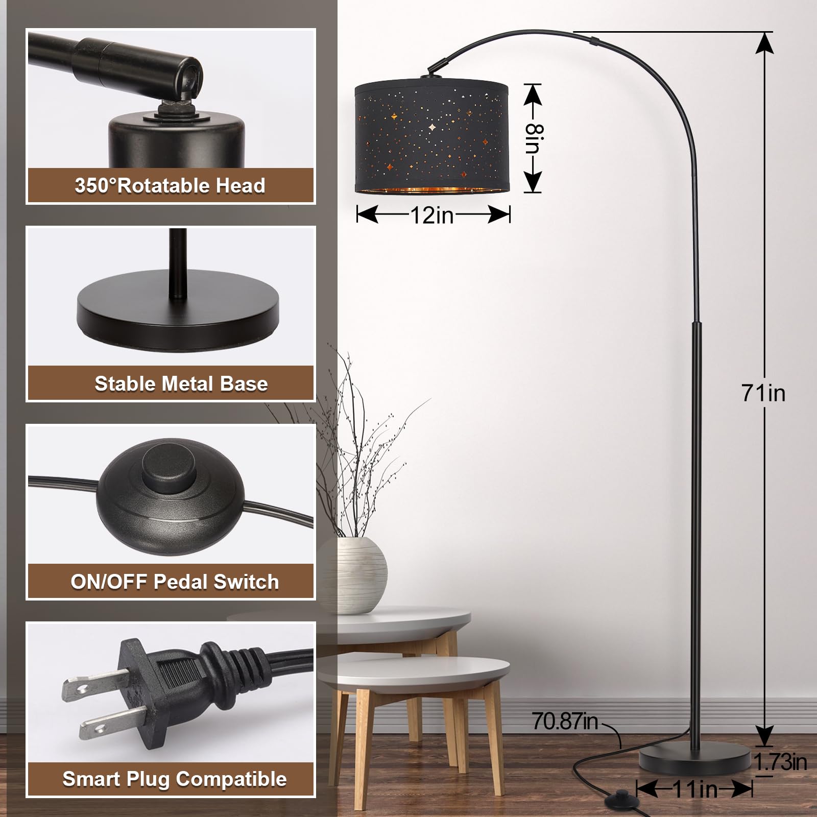 Rattan Floor Lamp, Arc Floor Lamps for Living Room, Farmhouse Standing Lamp with Adjustable Hanging Fabric Shade, Tall Pole Lamp with Foot Switch, Over Couch Arched Reading Light for Bedroom, Office