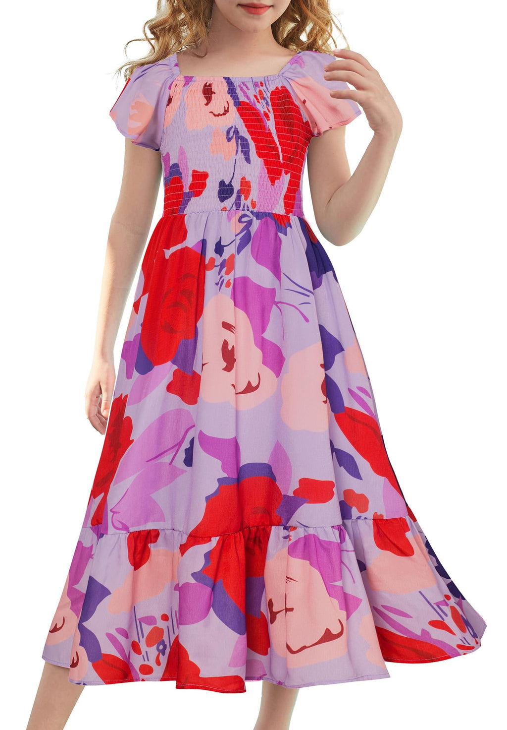 GRACE KARIN Girls Flutter Sleeve Floral Dresses Girl Long Midi Spring Dress Kids Smocked Flare Summer Dress 6-16Y