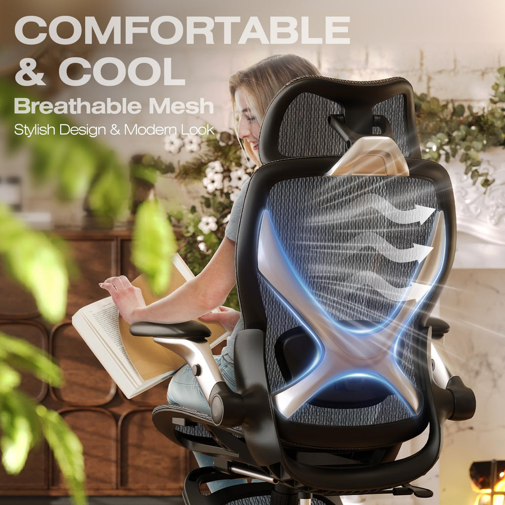 ELABEST X100 Ergonomic Office Chair with Footrest, Big and Tall Home Desk Chair with 5D Flip-Up Arms, Adjustable 3D Lumbar Support,High Back Rolling Computer Chair, Swivel Mesh Chairs (Coffee Break)