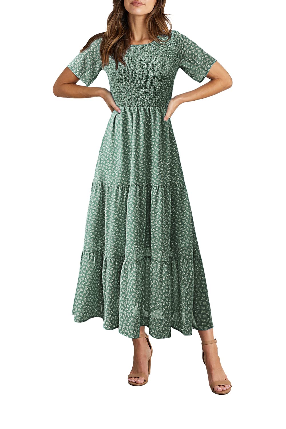 BTFBM Women Casual Short Sleeve Crew Neck Summer Dress Bohemian Floral Printed Flowy Maxi Dresses Tiered Cocktail Dress